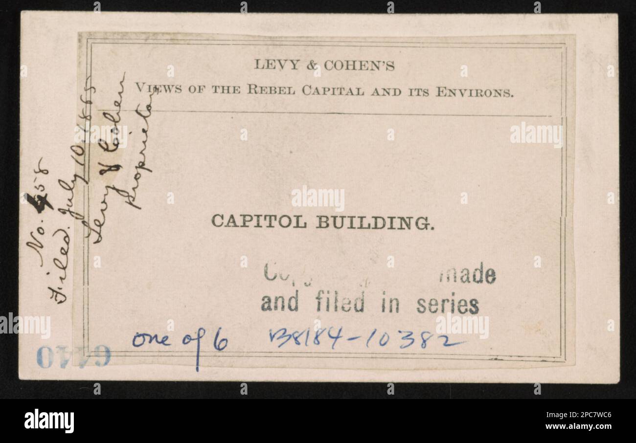 Capitol Building / Levy & Cohen.. "Iscritto secondo l'atto del Congresso nell'anno 1865 da Levy e Cohen nell'ufficio del Clerk, del tribunale distrettuale, per il distretto orientale della Pennsylvania.", "Filed 10 luglio 1865, Levy & Cohen, proprietari.", Titolo collettivo: Levy & Cohen's views of the Rebel Capital and its environs, No. 458, Title from item, uno dei sei views on LC-B8184-10382 (b&w film copy neg.). Facciate, Virginia, Richmond, 1860-1870, Capitols, Virginia, Richmond, 1860-1870, Capitol Square (Richmond, Virginia), 1860-1870. Foto Stock