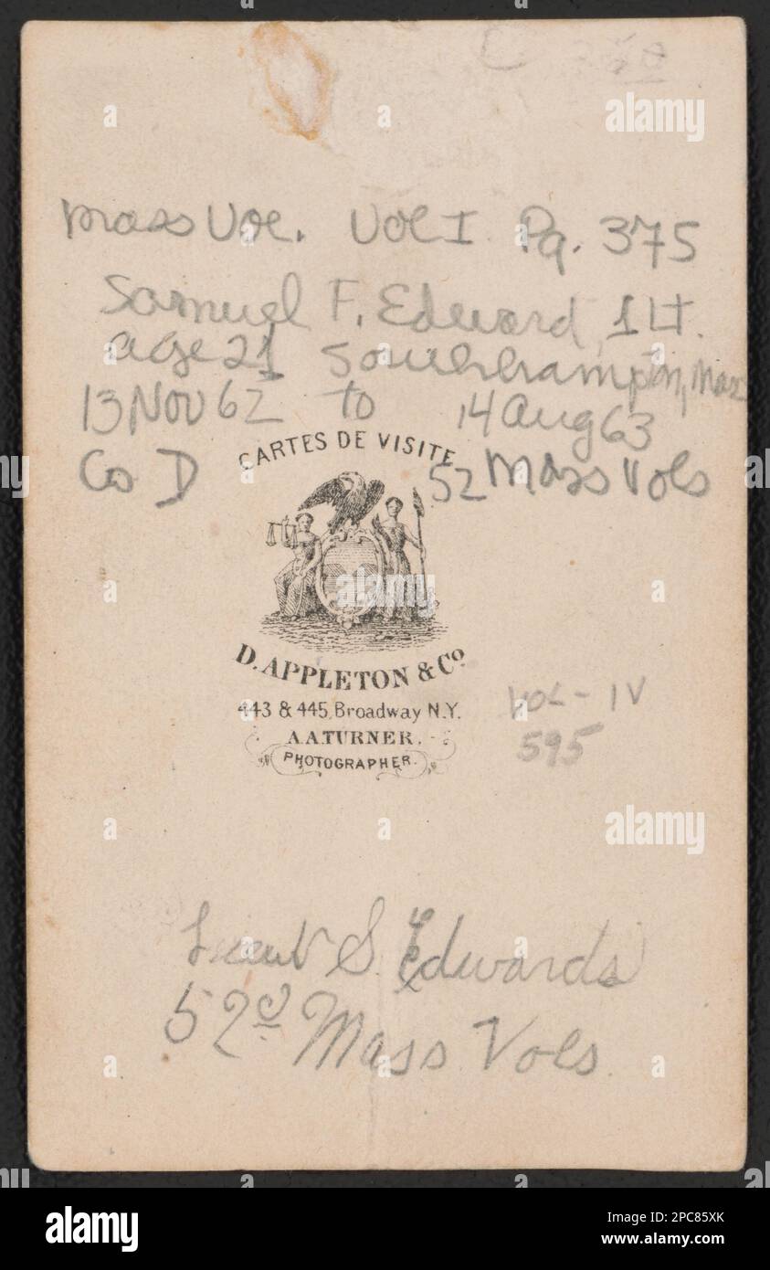 Luogotenente Samuel F. Edwards di Co.. D, 52nd Regimento della Fanteria del Massachusetts in uniforme / A.A. Turner, fotografo.. Liljenquist Famiglia Collezione di fotografie della Guerra civile , pp/liljpaper. Edwards, Samuel F, 1841-1920, Stati Uniti, Army, Massachusetts Infanty Regiment, 52nd (1862-1863), persone, soldati, Unione, 1860-1870, Military Uniforms, Union, 1860-1870, Stati Uniti, Storia, Guerra civile, 1861-1865, personale militare, Unione. Foto Stock