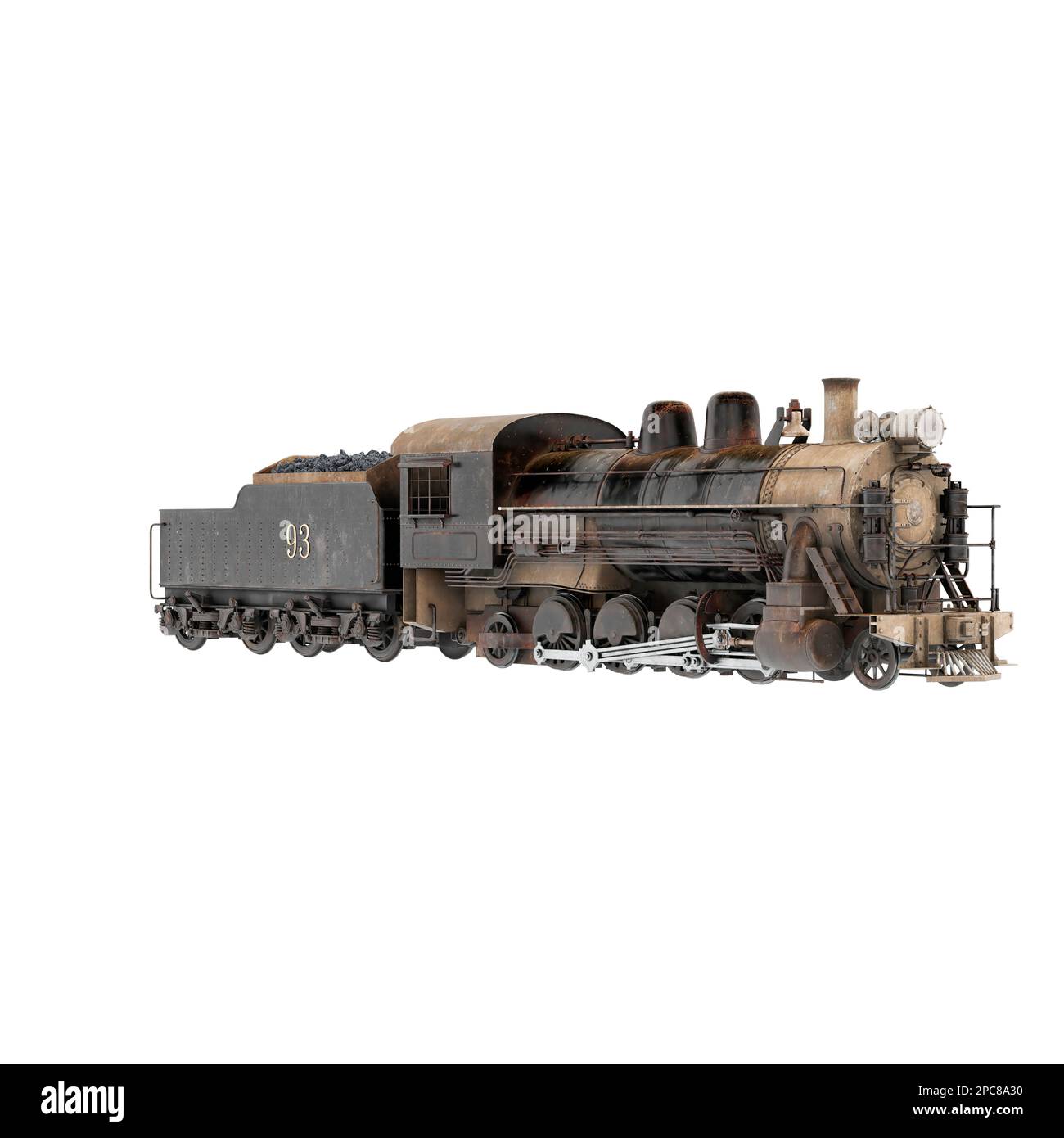 Una locomotiva a vapore classica è parcheggiata su una serie di binari su uno sfondo bianco, creando un contrasto sorprendente Foto Stock