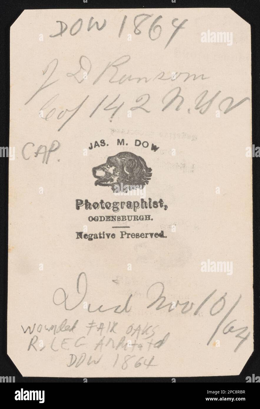 Capitano John D. Ranson della Co.. C, 142nd New York Fanty Regiment in uniforme / Jas. M. Dow, fotografa, Ogdensburgh.. Liljenquist Famiglia Collezione di fotografie della Guerra civile , pp/liljpaper. Ranson, John D, approssimativamente 1824-1864, Stati Uniti, esercito, New York, reggimento della fanteria, 142nd (1862-1865), popolo, uniformi militari, Unione, 1860-1870, Stati Uniti, Storia, Guerra civile, 1861-1865, Personale militare, Unione, Stati Uniti, Storia, Guerra civile, 1861-1865, aspetti medici, Unione. Foto Stock