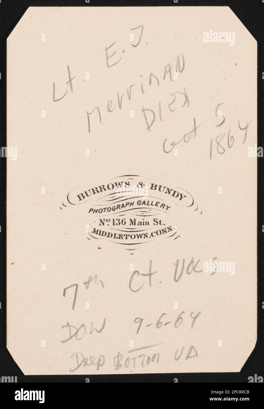 Secondo tenente Edwin J. Merriam della Co.. C, 7th Connecticut Fanteria reggimento in uniforme / Burrows & Bundy, Galleria fotografica, No. 136 Main St., Middletown, Conn. Liljenquist Famiglia Collezione di fotografie della Guerra civile , pp/liljpaper. Merriam, Edwin J, 1833-1864, Stati Uniti, Army, 7th Connecticut Fanty Regiment, People, Soldiers, Union, 1860-1870, Uniformi militari, Unione, 1860-1870, Stati Uniti, Storia, Guerra civile, 1861-1865, personale militare, Unione, Stati Uniti, Storia, Guerra civile, 1861-1865, aspetti medici, Unione. Foto Stock