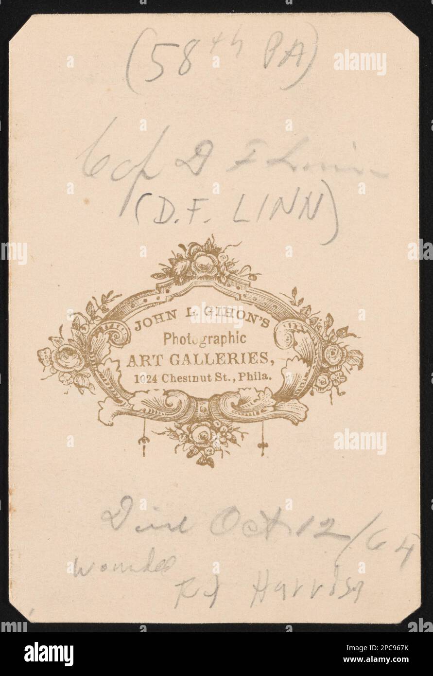 Capitano Daniel F. Linn della Co.. C, 58th Pennsylvania Fanteria Regiment in uniforme / John L. Gihon's Photographic Art Galleries, 1024 Chestnut St., Phila.. Liljenquist Famiglia Collezione di fotografie della Guerra civile , pp/liljpaper. Linn, Daniel, approssimativamente 1832-1864, Stati Uniti, esercito, Pennsylvania Finfantry Regiment, 58th (1862-1866), persone, soldati, Unione, 1860-1870, Military Uniforms, Union, 1860-1870, Stati Uniti, Storia, Guerra civile, 1861-1865, personale militare, Unione, Stati Uniti, Storia, Guerra civile, 1861-1865, aspetti medici, Unione. Foto Stock