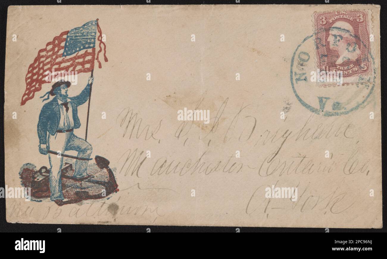 Busta della Guerra civile che mostra il marinaio con la bandiera americana e la spada in piedi in cima all'ancora. Titolo ideato dallo staff della Biblioteca, indirizzato alla Sig.ra S. I. Brigham, Manchester, Ontario Co, N. York; reca il timbro da 3 cent; con timbro postale a Norfolk, Virginia, febbraio 24, regalo; Tom Liljenquist; 2012; (DLC/PP-2012:127), pp/liljmem. Bandiere, americano, 1860-1870, marinai, Unione, 1860-1870, Stati Uniti, Storia, Guerra civile, 1861-1865, Aspetti sociali. Foto Stock