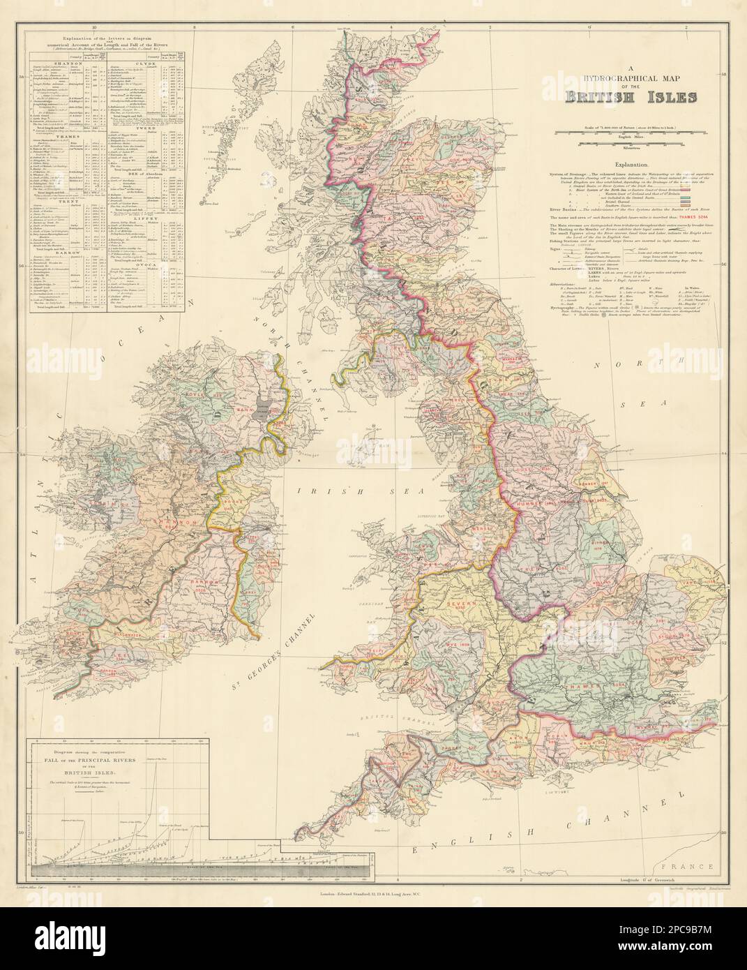 Isole britanniche ufficio idrografico. Spartiacque del fiume bacini di drenaggio STANFORD 1904 mappa Foto Stock