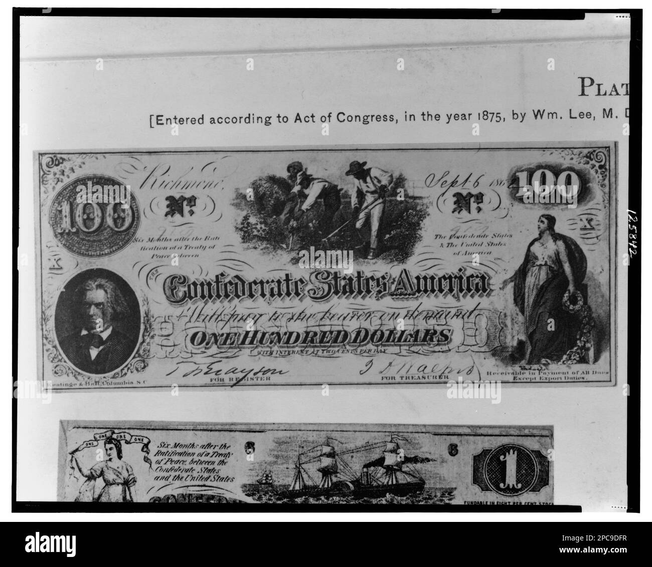 Confederato un conto di cento dollari. Copyright di William Lee, M.D, Plate V, no 1. Money, Confederate States of America, 1860-1870, United States, History, Civil War, 1861-1865, aspetti economici e industriali. Foto Stock