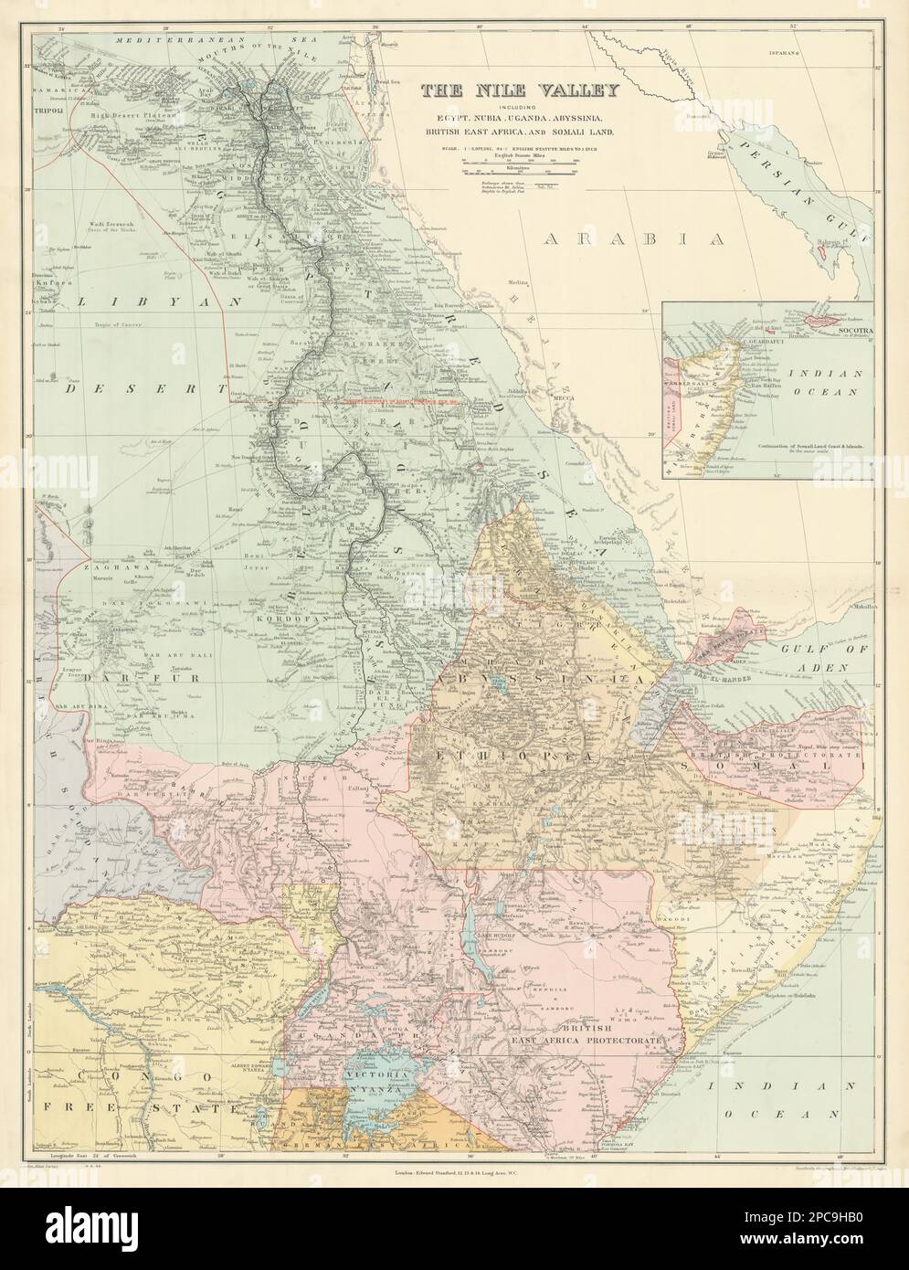 Valle del Nilo. Egitto Sudan Uganda Kenya Etiopia Somalia 72x55cm STANFORD 1904 mappa Foto Stock