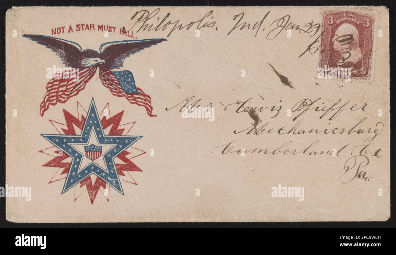 Busta guerra civile che mostra aquila con la bandiera americana sopra il disegno della stella con il messaggio "non una stella deve cadere". Titolo ideato dallo staff della Biblioteca, indirizzato al Sig. Lewis Pfieffer, Mechanicsburg, Cumberland Co, Pa, della Philopolis, IND, 29 gennaio, '62; orsacchiotti da 3 cent, regalo; Tom Liljenquist; 2012; (DLC/PP-2012:127), pp/liljmem. Aquile, 1860-1870, simboli, 1860-1870, bandiere, Americano, 1860-1870, Stati Uniti, Storia, Guerra civile, 1861-1865, aspetti sociali. Foto Stock