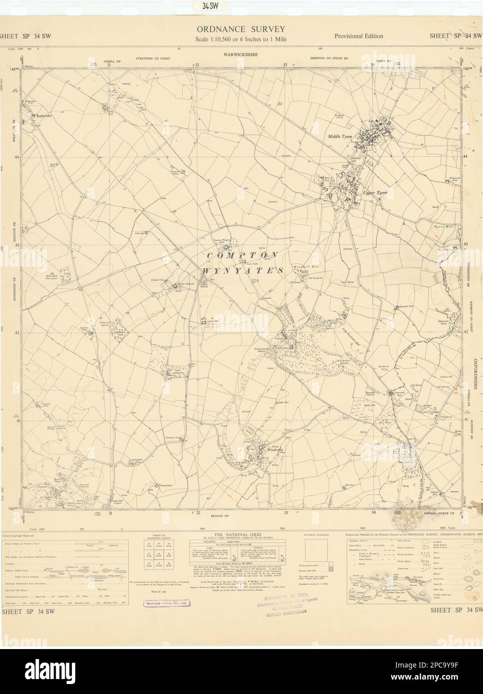 Scheda di indagine di ordnance SP34SW Warwickshire Tysoe Winderton 1955 vecchia mappa vintage Foto Stock