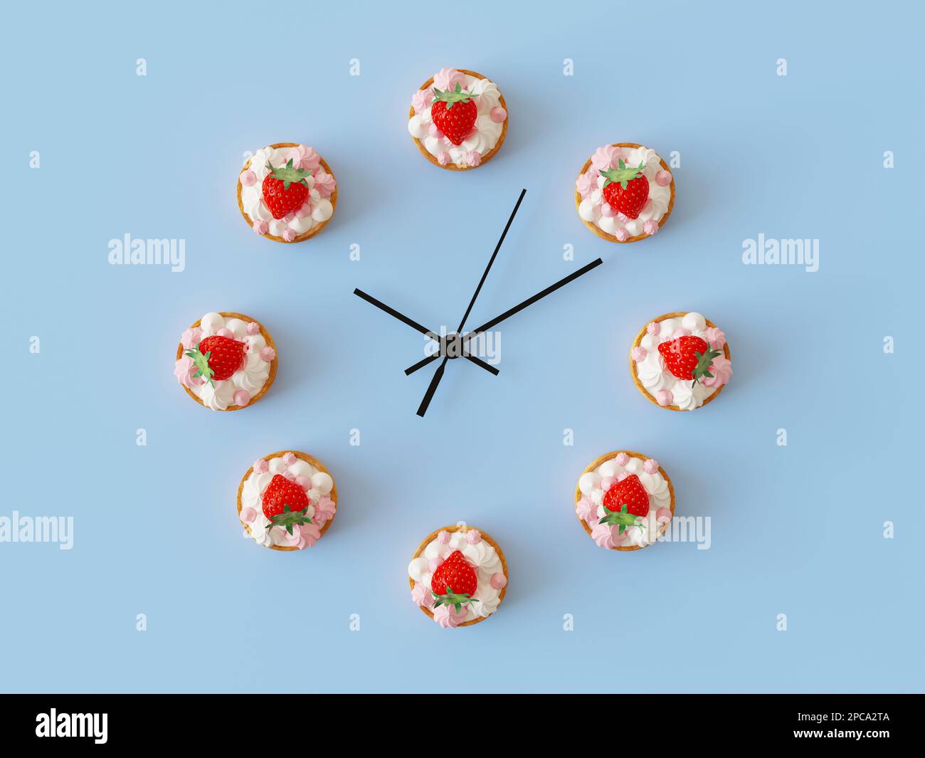 Concetto creativo tempo di mangiare dessert. Piccoli dolci con meringhe in tondo, a forma di orologio, dolce tempo idea. Isolato su blu pastello Foto Stock