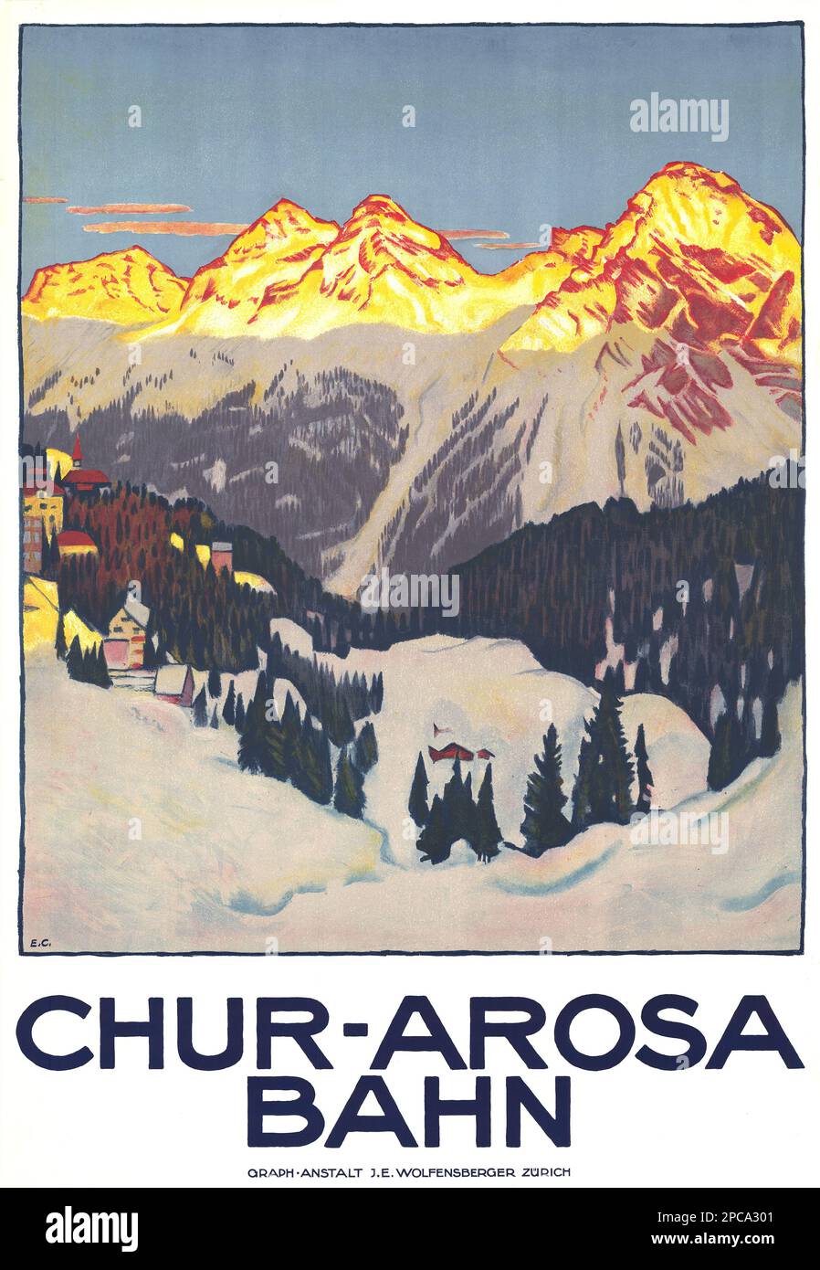 Emil Cardinaux - Chur-Arosa-Bahn - 1915 - Pubblicità per la linea ferroviaria svizzera denominata Chur-Arosa Bahn che porta i passeggeri in tour in montagna. Foto Stock