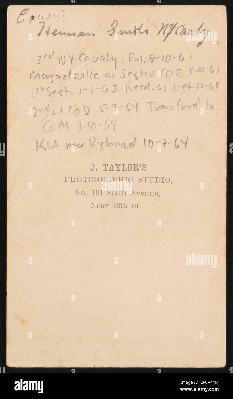 Secondo tenente Herman E. Smith di Co.. E, 3rd New York Cavalry Regiment in uniforme / J. Taylor's Photographic Studio, No. 191 Sixth Avenue, vicino a 13th St.. Liljenquist Famiglia Collezione di fotografie della Guerra civile , pp/liljpaper. Smith, Herman e, approssimativamente 1837-1864, Stati Uniti, esercito, New York Cavallry Regiment, 3rd (1861-1865), persone, soldati, Unione, 1860-1870, Military Uniforms, Union, 1860-1870, Stati Uniti, Storia, Guerra civile, 1861-1865, personale militare, Unione. Foto Stock