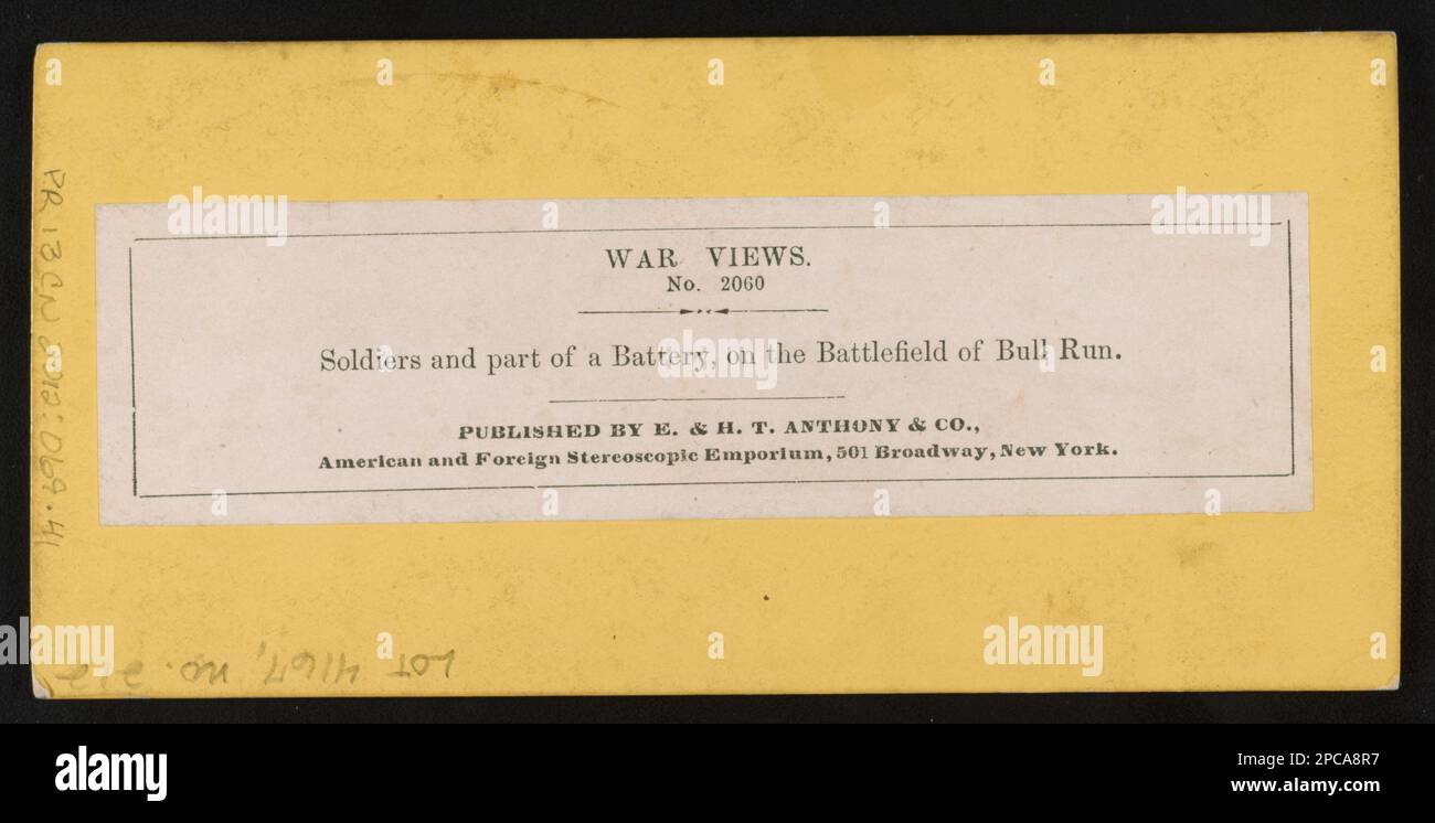 Soldati e parte di una batteria, sul campo di battaglia di Bull Run. Titolo da item, probabilmente dallo studio di Mathew Brady. E. E H. T. Anthony & Co. Probabilmente ha acquisito i negativi in cambio di forniture fotografiche, Purchase; Russell Norton; 2012; (DLC/PP-2012: 069). Stati Uniti, Army, People, Virginia, Bull Run (Loudoun County-Fairfax County e Prince William County), 1860-1870, Bull Run, 1st Battle of, va, 1861, Soldiers, Union, Virginia, Bull Run (Loudoun County-Fairfax County e Prince William County), 1860-1870, Cannons, Virginia, Bull Run (Loudoun County-Fairfax County e Prince W Foto Stock