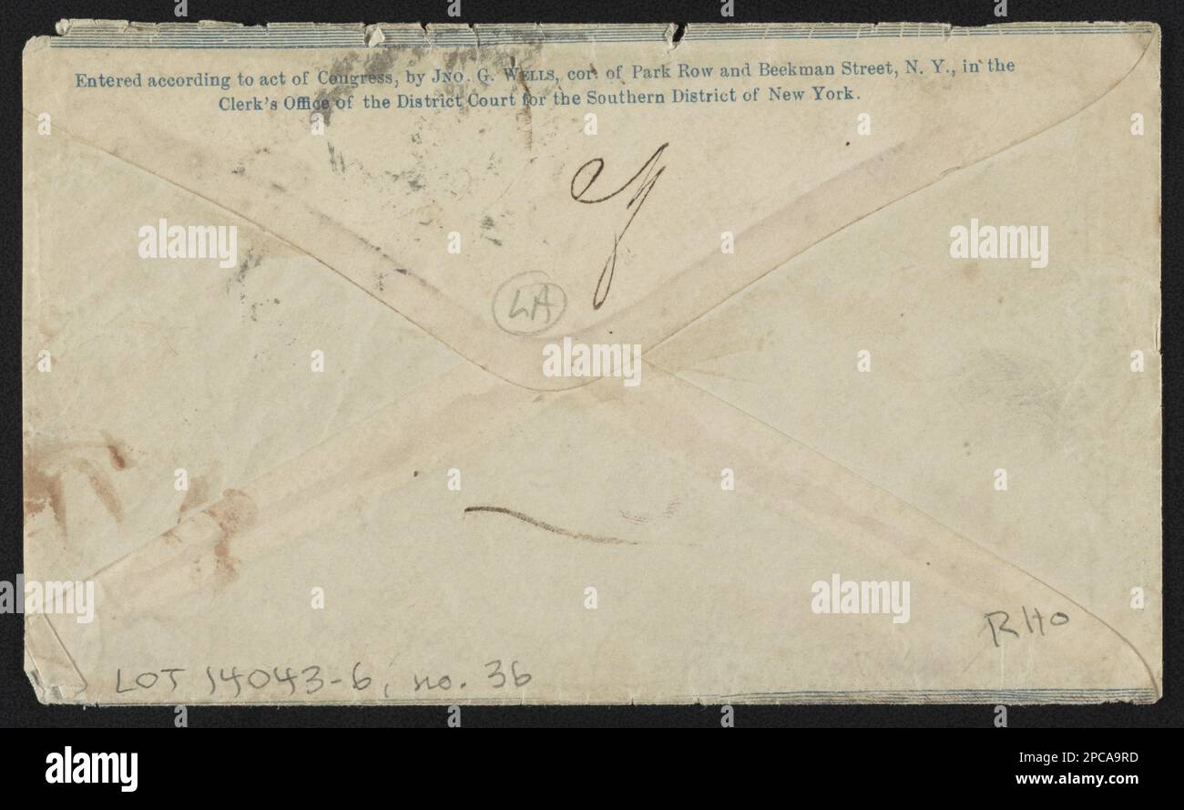 Busta della guerra civile che mostra la Colombia con la bandiera, il sigillo di stato del Massachusetts e la PAC frigia che riporta il messaggio "fedele all'Unione". Titolo ideato dallo staff della Biblioteca, indirizzato alla Sig.ra Leander M. Alde[n?], North Middlebor[ough?], Mass.; reca 3 centesimi di bollo, in verso: Inserito secondo atto del Congresso, da Jno. G. Wells, arredamento. Di Park Row e Beekman Street, N.Y, presso l'ufficio del Clerk del tribunale distrettuale per il distretto meridionale di New York, la prima parte del messaggio sul recto è coperta da francobollo, regalo; Tom Liljenquist; 2012; (DLC/PP-2012:127), Esposto: 'La guerra civile in America' alla Biblioteca di con Foto Stock