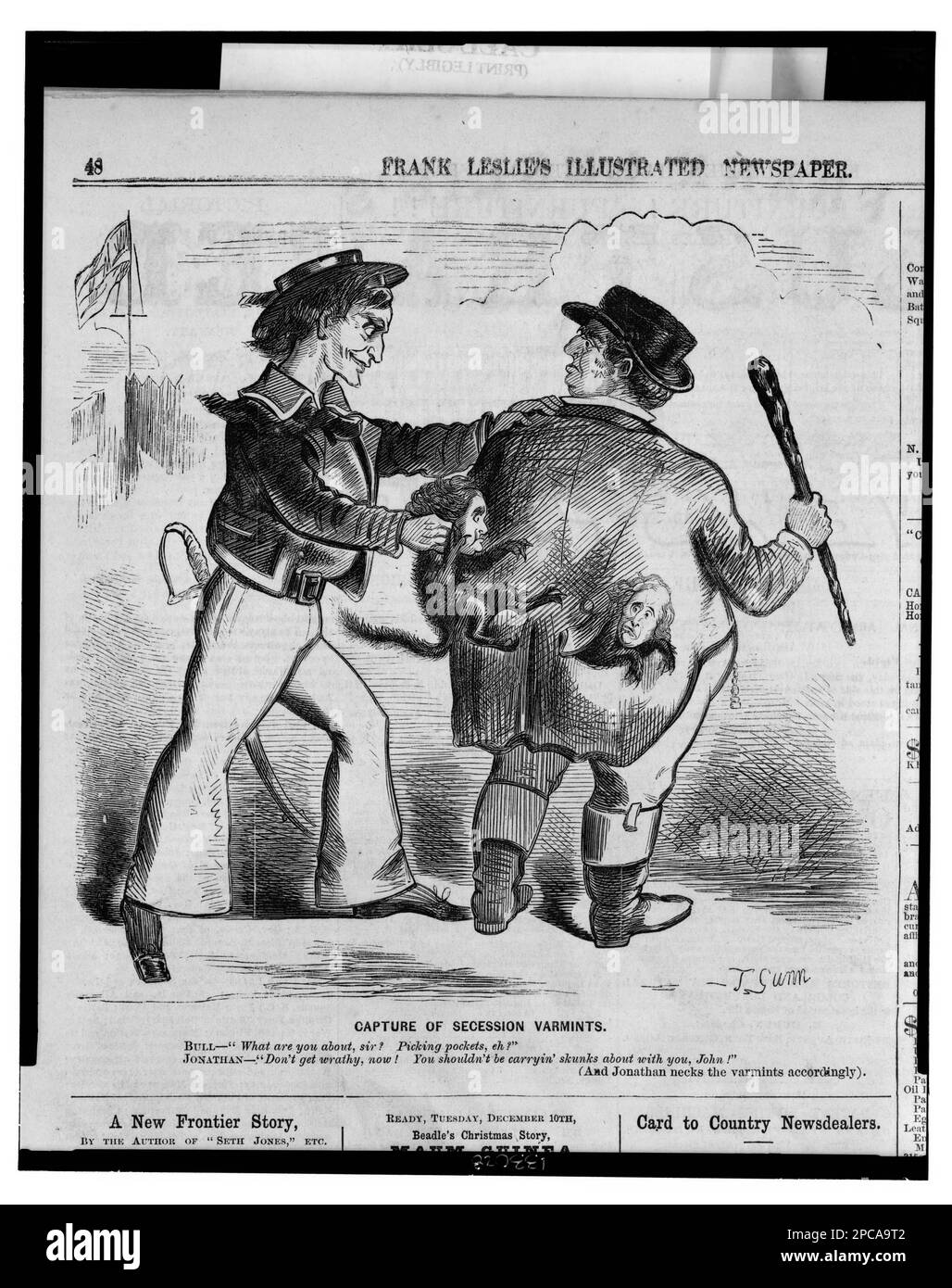 Cattura di varminti secessionali / T. Gunn.. Title from item, Caption: Bull- 'di cosa si tratta, Signore? Prendermi le tasche, eh?' Jonathan- 'non farti ira, ora! Non dovresti essere dei pezzi di Carryin con te, John!" (E Jonathan necks le varminte di conseguenza), Illus. In: Frank Leslie's Illustrated Newspaper, v. 13, no 315 (1861 dicembre 7), pag. 48. Brother Jonathan (Nickname), 1860-1870, John Bull (carattere simbolico), 1860-1870, Relazioni internazionali, Stati Uniti, 1860-1870, Relazioni internazionali, Gran Bretagna, 1860-1870, Secessione, 1860-1870, Stati Uniti, Storia, Guerra civile, 1861-1865. Foto Stock
