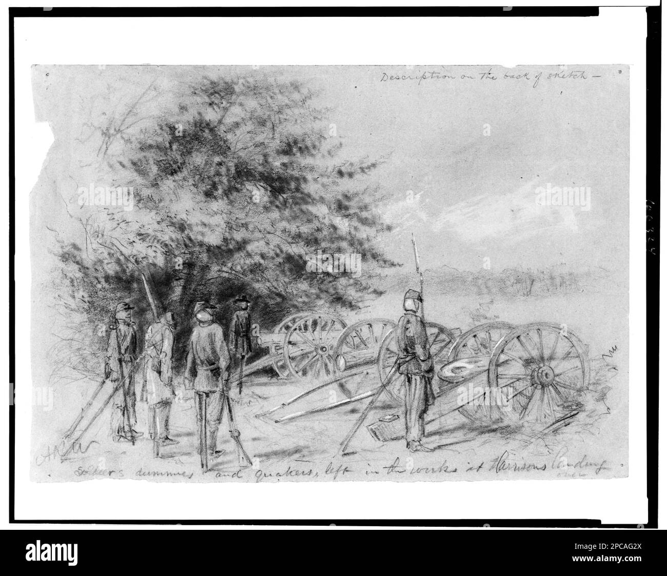 I dummies e i quakers del soldato, hanno lasciato nei lavori all'atterraggio di Harrison. Morgan collezione di disegni della Guerra civile. Peninsular Campaign, va, 1862, artiglieria (armi), 1860-1870, Quaker Guns, 1860-1870, campi militari, 1860-1870, Stati Uniti, Storia, Guerra civile, 1861-1865, apparecchiature e forniture, Stati Uniti, Virginia, Harrison's Landing Foto Stock