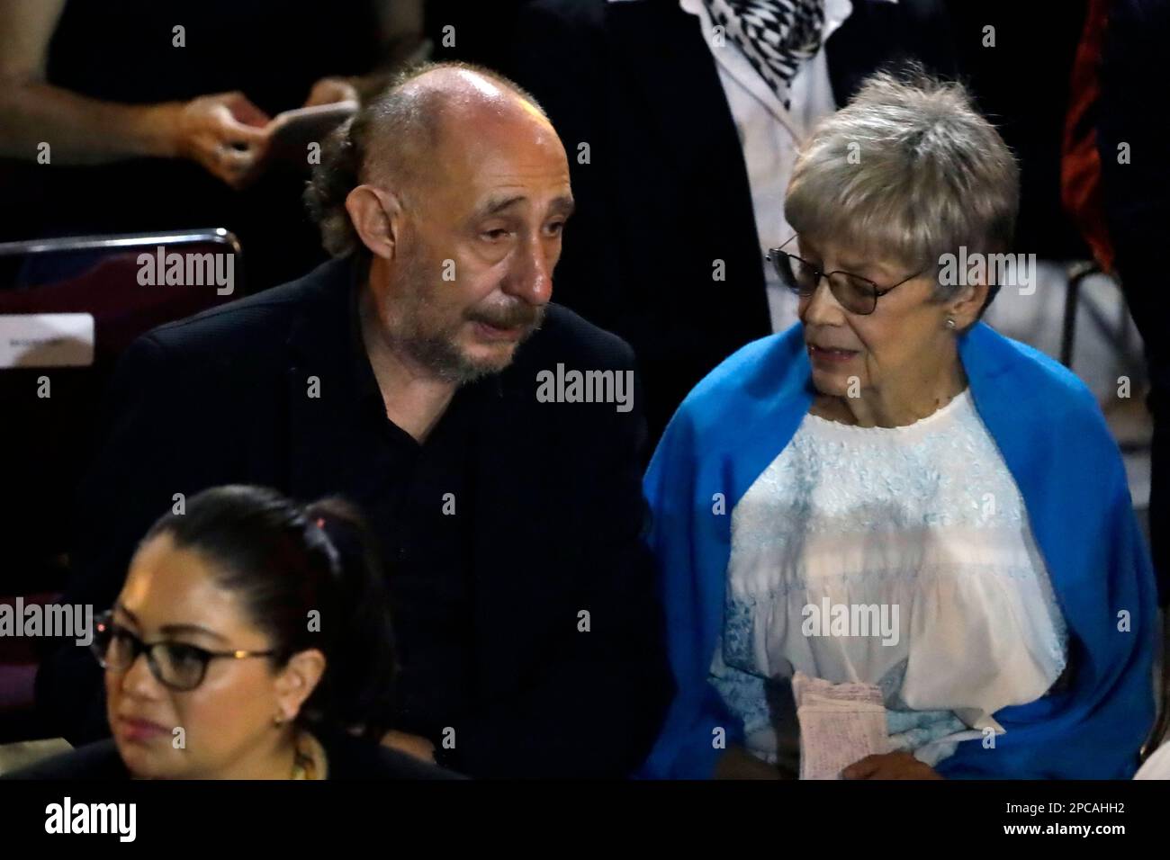 Città del Messico, Messico. 12th Mar, 2023. Attori Salvador Garcini e Tina French durante il tributo postumo al primo attore Ignacio Lopez Tarso, al Palacio de las Bellas Artes di Città del Messico. Il 12 marzo 2023 a Città del Messico (Foto di Luis Barron/Eyepix Group/NurPhoto) Credit: NurPhoto SRL/Alamy Live News Foto Stock