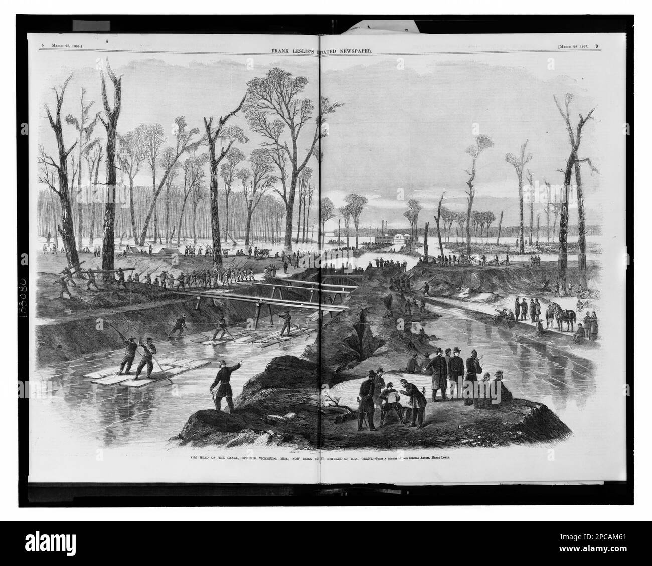 La testa del canale, di fronte a Vicksburg, signorina, ora tagliata dal comando del generale Grant / da un disegno del nostro artista speciale, Henri Lovie.. Titolo dell'articolo, Illus. In: Frank Leslie's Illustrated Newspaper, v. 16, no 391 (1863 marzo 28), pag. 8-9. Costruzione di canali, Mississippi, 1860-1870, schiavi fuggitivi, Mississippi, 1860-1870, Stati Uniti, Storia, Guerra civile, 1861-1865, Personale militare, Unione, Stati Uniti, Storia, Guerra civile, 1861-1865, tattiche militari, Unione. Foto Stock