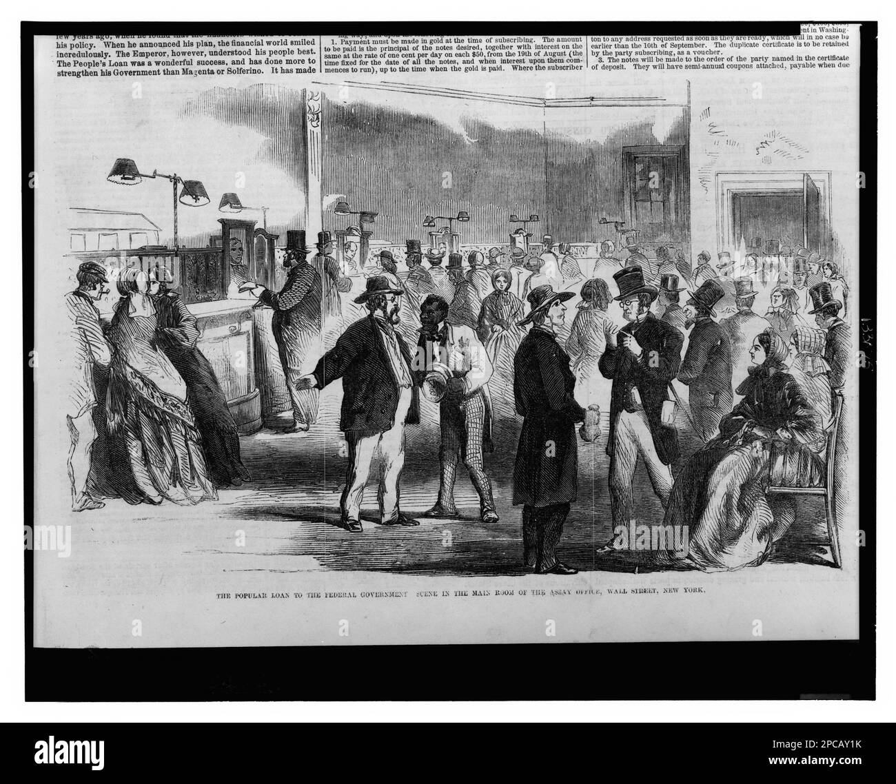 Il prestito popolare al governo federale - scena nella sala principale del Assay Office, Wall Street, New York. Titolo dell'articolo, Illus. In: Frank Leslie's Illustrated Newspaper, v. 12, no 303 (1861 settembre 7), pag. 257. War Bonds & Funds, Stati Uniti, 1860-1870, Stati Uniti, Storia, Guerra civile, 1861-1865, aspetti economici e industriali. Foto Stock