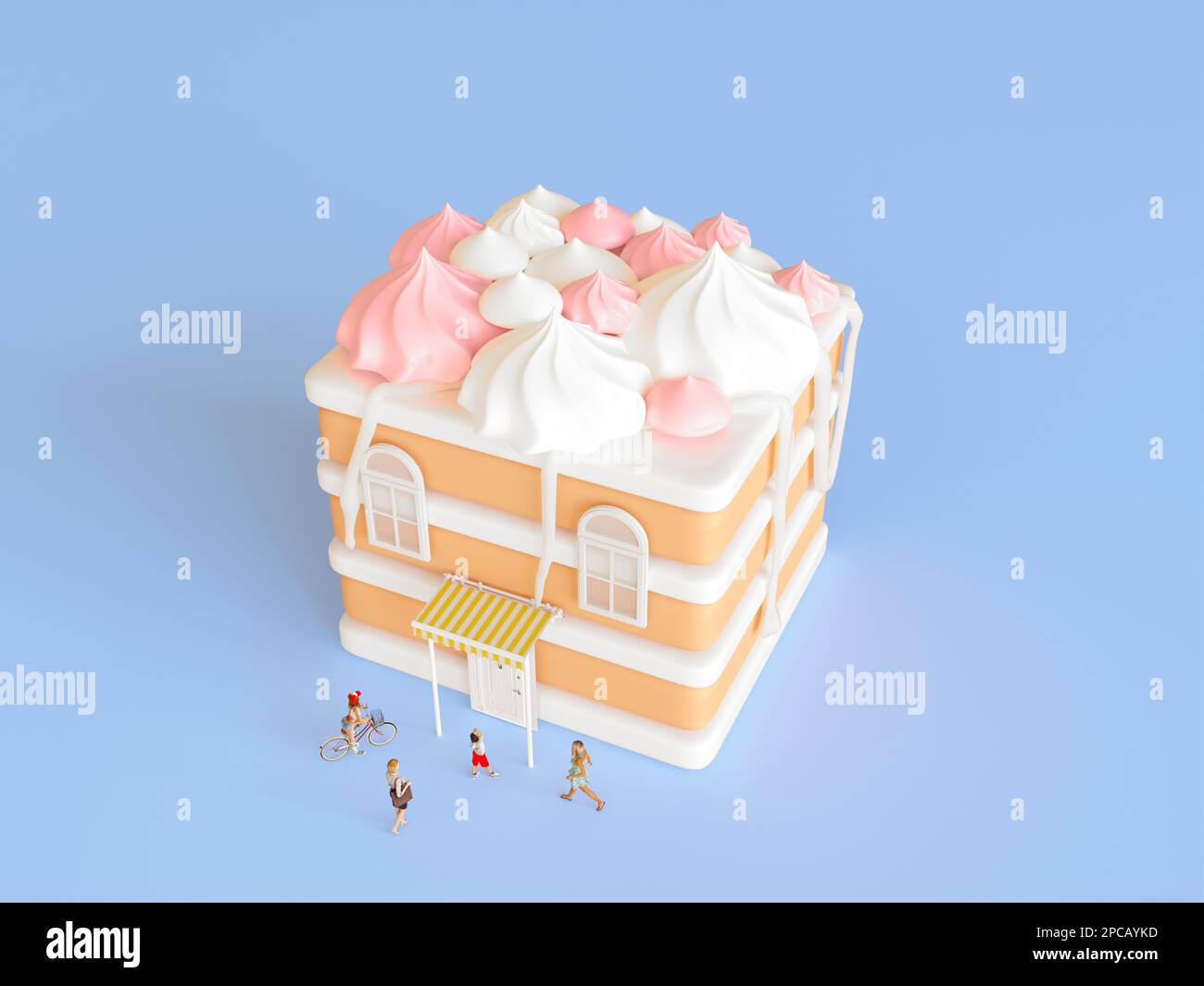 Una piccola pasticceria cartoon a forma di torta. Modello panetteria in miniatura, cittadina minuscola, dolce casa con meringhe sul tetto, porta e finestre Foto Stock