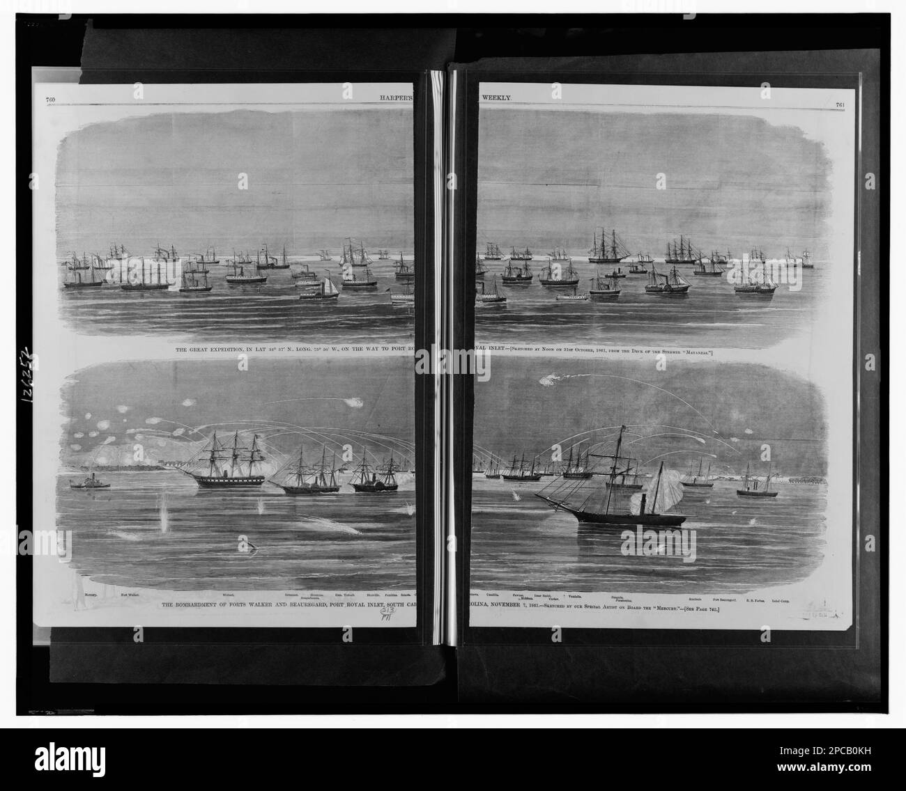 La grande spedizione, ... Sulla strada per Port Royal Inlet / abbozzato a mezzogiorno del 31st ottobre 1861, dal ponte del vaporetto 'Matanzas'. Il bombardamento di Forts Walker e Beauregard, Port Royal Inlet, South Carolina, 7 novembre 1861 / abbozzato dal nostro artista speciale a bordo del 'Mercurio.'. Illus. In: Settimanale Harper, v. 5, n. 257 (1861 novembre 30), pp. 760-761. Navi da guerra, Unione, 1860-1870, bombardamento, Carolina del Sud, Beaufort, 1860-1870, Stati Uniti, Storia, Guerra civile, 1861-1865, operazioni navali. Foto Stock