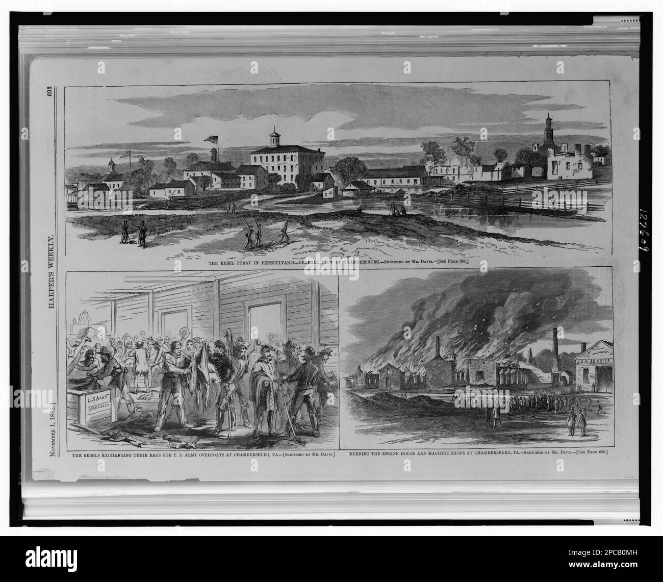 The Rebel Foray in Pennsylvania - visione generale di Chambersburg; i ribelli scambiano i loro stracci per soprabiti a Chambersburg, Pa. ; Bruciare la casa dei motori e le officine di macchine a Chambersburg, Pa. / / Abbozzato dal Sig. Davis.. Illus. In: Settimanale Harper, v. 6, n. 305 (1862 novembre 1), pag. 693, DCRM(G) esempio 1D2.4 - materiale (opere multiple) senza titolo collettivo. Incendi, Pennsylvania, Chambersburg, 1860-1870, personale militare, Confederate, Pennsylvania, Chambersburg, 1860-1870, gli Stati Uniti, Storia, Guerra civile, 1861-1865, distruzione e saccheggio, confederato. Foto Stock