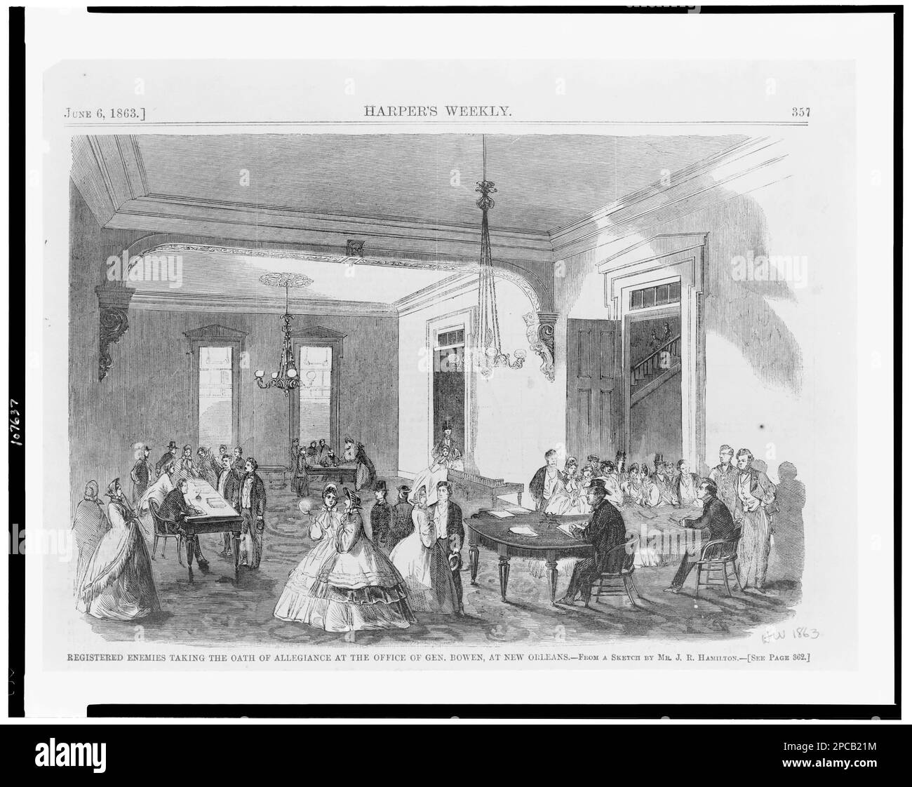 Nemici registrati prendendo il giuramento di fedeltà presso l'ufficio del generale Bowen, a New Orleans / da un disegno di MR. J.R. Hamilton. Illus. Da: Harper's Weekly, 1863 giugno 6, pag. 357. Stati Uniti, Storia, Guerra civile, 1861-1865, rinuncia, Confederato, impegni di fedeltà, Louisiana, New Orleans, 1860-1870. Foto Stock