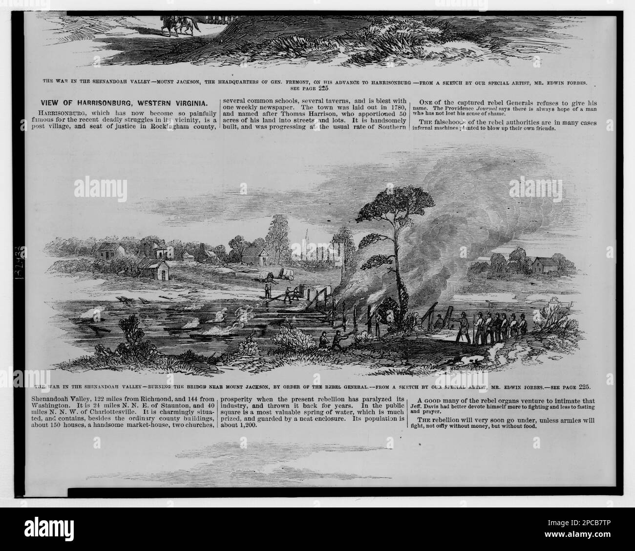 La guerra nella Shenandoah Valley - bruciare il ponte vicino a Mount Jackson, per ordine del generale Rebel / da un disegno del nostro artista speciale, il signor Edwin Forbes.. Titolo dell'articolo, Illus. In: Frank Leslie's Illustrated Newspaper, v. 14, no 353 (1862 luglio 5), pag. 240. Pell Bridges, Virginia, Mount Jackson, 1860-1870, Stati Uniti, Storia, Guerra civile, 1861-1865, distruzione e saccheggio, Confederato, Mount Jackson (Virginia), 1860-1870. Foto Stock