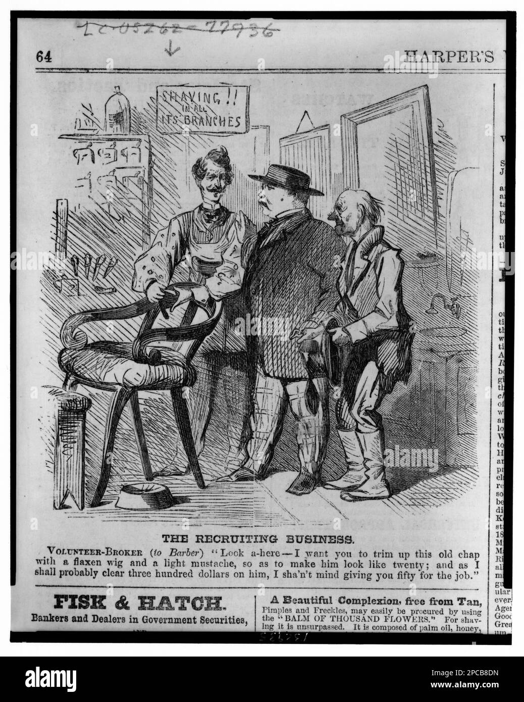 L'attività di reclutamento. Titolo dell'articolo, Illus. In: Settimanale Harper, v. 8, n. 369 (1864 gennaio 23), pag. 64. Stati Uniti, Storia, Guerra civile, 1861-1865, Recruiting & Enlistment, Barbiere, 1860-1870, anziani, 1860-1870. Foto Stock