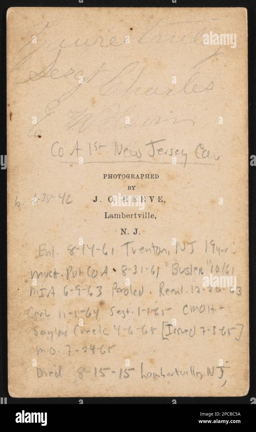 Primo tenente Charles E. Wilson della Co... A, 1st New Jersey Cavallery Regiment in uniforme / fotografato da J.C. Reeve, Lambertville, N.J.. Liljenquist Famiglia Collezione di fotografie della Guerra civile , pp/liljpaper. Wilson, Charles e, 1842-1915, Stati Uniti, Army, New Jersey Cavallry Regiment, 1st (1861-1865), persone, soldati, Unione, 1860-1870, Military Uniforms, Union, 1860-1870, Stati Uniti, Storia, Guerra civile, 1861-1865, personale militare, Unione. Foto Stock