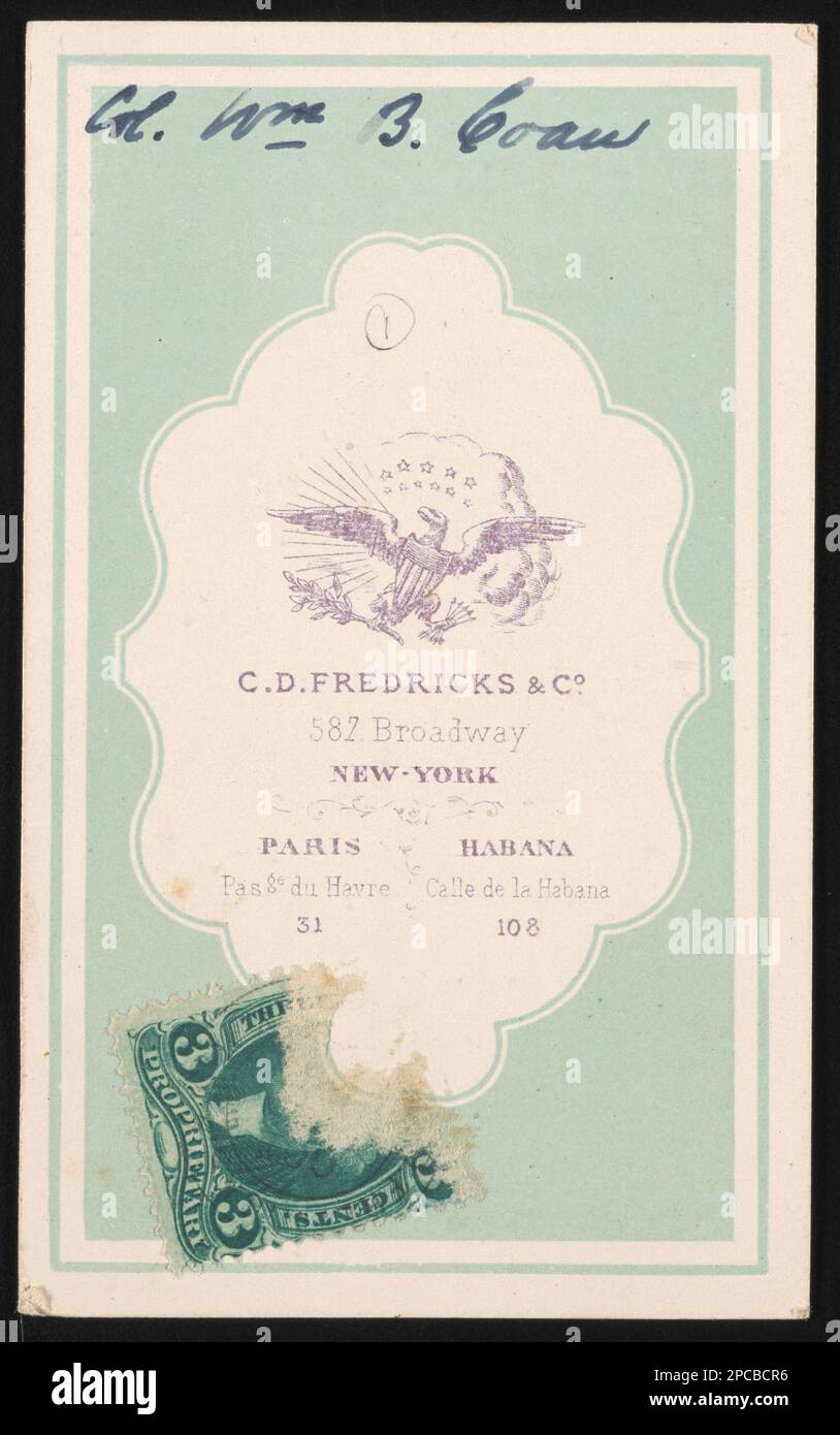 Il colonnello William B. Coan della Co.. E, 48th New York Infanty Regiment in uniforme / C.D. Fredricks & Co., 587 Broadway, New York, 31 Pasge du Havre, Parigi, 108 Calle de la Habana, Habana.. Liljenquist Famiglia Collezione di fotografie della Guerra civile , pp/liljpaper. Coan, William B, 1830-1877, Stati Uniti, Army, New York, reggimento della fanteria, 48th (1861-1865), persone, soldati, Unione, 1860-1870, Military Uniforms, Union, 1860-1870, Stati Uniti, Storia, Guerra civile, 1861-1865, personale militare, Unione. Foto Stock