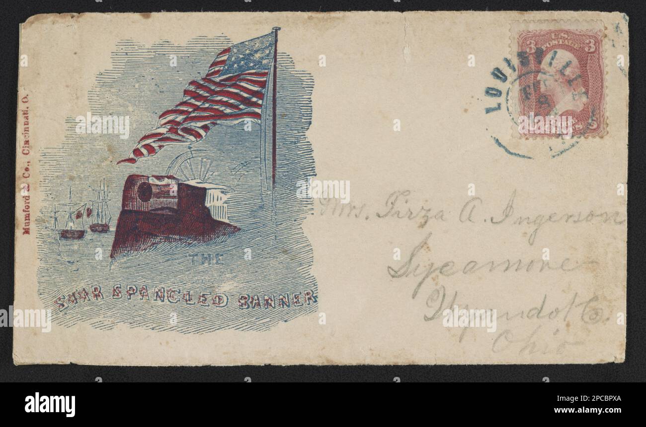 Busta della Guerra civile che mostra la bandiera americana, cannone e navi con il messaggio 'The Star Spangled Banner'. Titolo ideato dallo staff della Biblioteca, indirizzato alla Sig.ra Tirza A. Ingerson, Sycamore, Wyandot Co, Ohio; postcontrassegnato dal 8 febbraio, Louisville; porta 3 centesimi di bollo. Notazione sul verso: Sycomore [sic] il 16 febbraio 1862, regalo; Tom Liljenquist; 2010; (DLC/PP-2010:105), pp/liljmem. Bandiere, americano, 1860-1870, cannoni, 1860-1870, Stati Uniti, Storia, Guerra civile, 1861-1865, aspetti sociali. Foto Stock