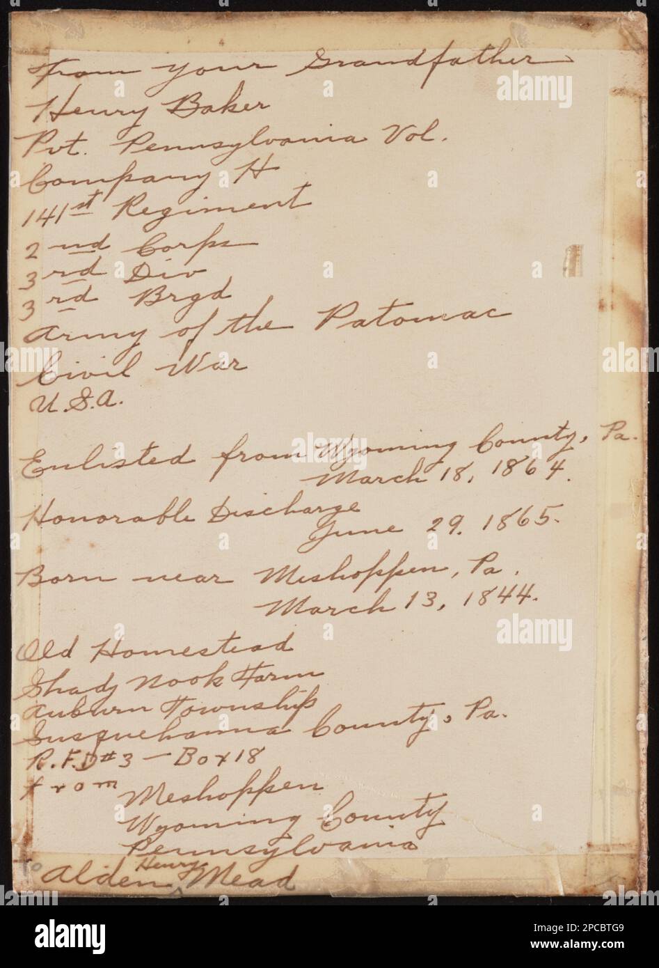 Henry Baker, veterano della guerra civile della Co.. H, 141st Volontarii della Pennsylvania sulla sua strada per la riunione del Grand Army of the Republic a Gettysburg, Pennsylvania. Liljenquist Famiglia Collezione di fotografie della Guerra civile , pp/liljvet. Baker, William, 1844-1941, Stati Uniti, Army, Pennsylvania Fanty Regiment, 141st (1862-1865), People, 1930-1940, Veterans, Union, 1930-1940, Stati Uniti, Storia, Guerra civile, 1861-1865, Veterans, Union. Foto Stock