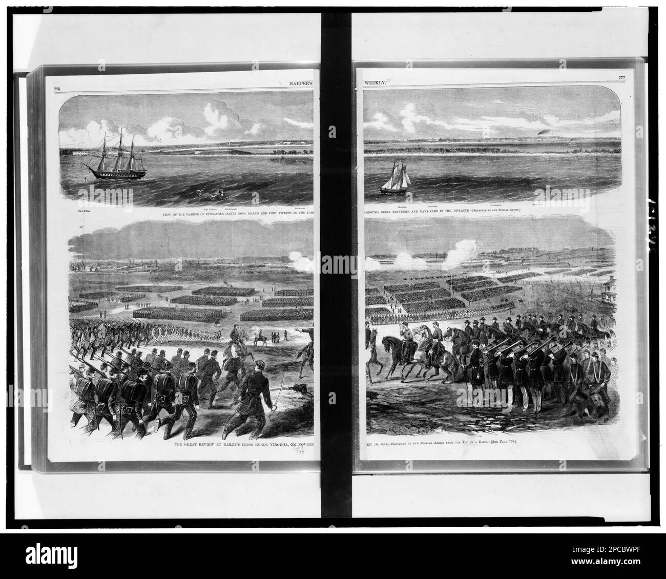 Vista del porto di Pensacola--Isola di Santa Rosa e Fort Pickens in primo piano, Rebel batterie e Navy-Yard in lontananza / / abbozzato dal nostro artista speciale. La grande recensione a Bailey's Cross Road, Virginia, il 20 novembre 1861 / abbozzato dal nostro artista speciale dalla cima di un fienile. Illus. In: Settimanale di Harper, 1861 dicembre 7, pp. 776-777. Sfilate e cerimonie militari, Virginia, 1860-1870, Harmors, Florida, Pensacola, 1860-1870, Stati Uniti, Storia, Guerra civile, 1861-1865, Military facilities, Confederate, United States, History, Guerra civile, 1861-1865, personale militare, Unione Foto Stock