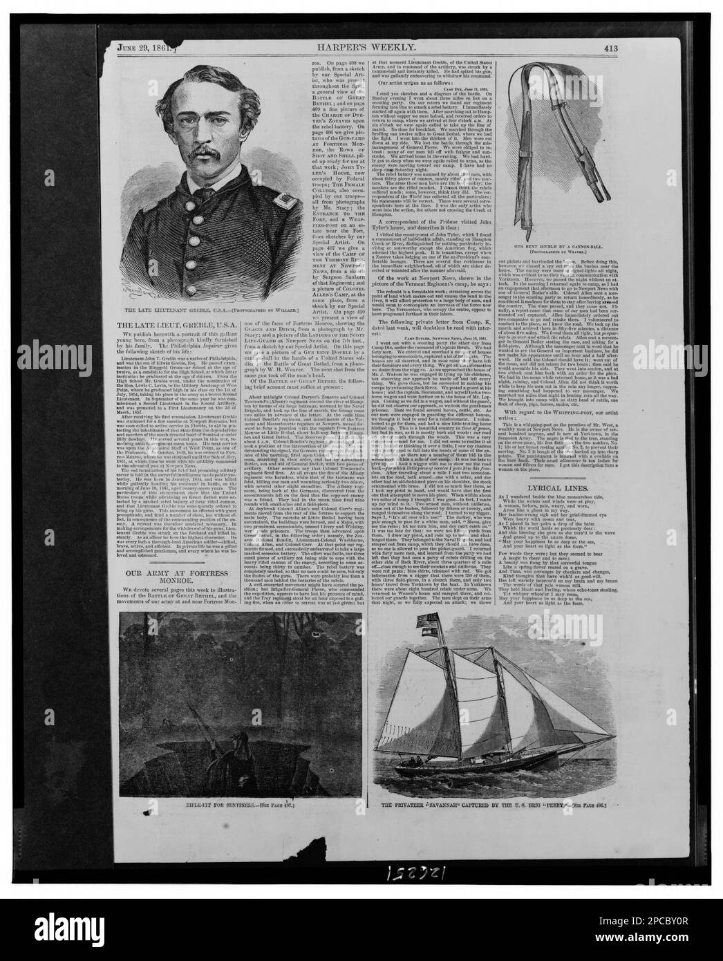 Pagina di Harper's Weekly, 29 giugno 1861, con quattro stampe e testo. Illus. In: Settimanale Harper, v.5, no 235 (1861 giugno 29), pag. 413. Greble, John Trout, 1834-1861, navi a vela, americano, 1860-1870, Guardie, 1860-1870, Stati Uniti, Storia, Guerra civile, 1861-1865, operazioni navali. Foto Stock