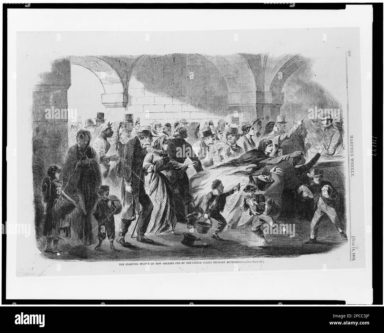 La popolazione affamata di New Orleans è alimentata dalle autorità militari degli Stati Uniti. Illustrazione da: Harper's Weekly, 1862 giugno 14, pag. 380. Fame, Louisiana, New Orleans, 1860-1870, sollievo alimentare, Louisiana, New Orleans, 1860-1870, Stati Uniti, Storia, Guerra civile, 1861-1865, aspetti economici e industriali. Foto Stock
