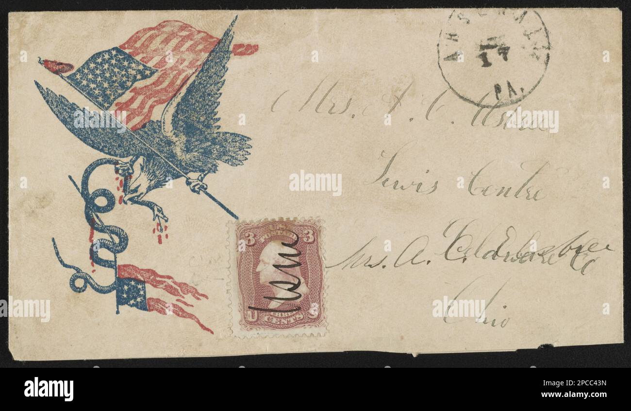 Busta della Guerra civile che mostra aquila con la bandiera americana nel suo talon e serpente avvolto intorno alla bandiera confederata nel suo becco. Titolo ideato dallo staff della Biblioteca, indirizzato alla Sig.ra A.C. Elsbree, Lewis Centre, Delaware Co, Ohio; orsacchiotti da 3 cent, regalo; Tom Liljenquist; 2012; (DLC/PP-2012:127), pp/liljmem. Aquile, 1860-1870, serpenti, 1860-1870, simboli, 1860-1870, Flags, americano, 1860-1870, Flags, Confederate, 1860-1870, Stati Uniti, Storia, Guerra civile, 1861-1865, aspetti sociali. Foto Stock
