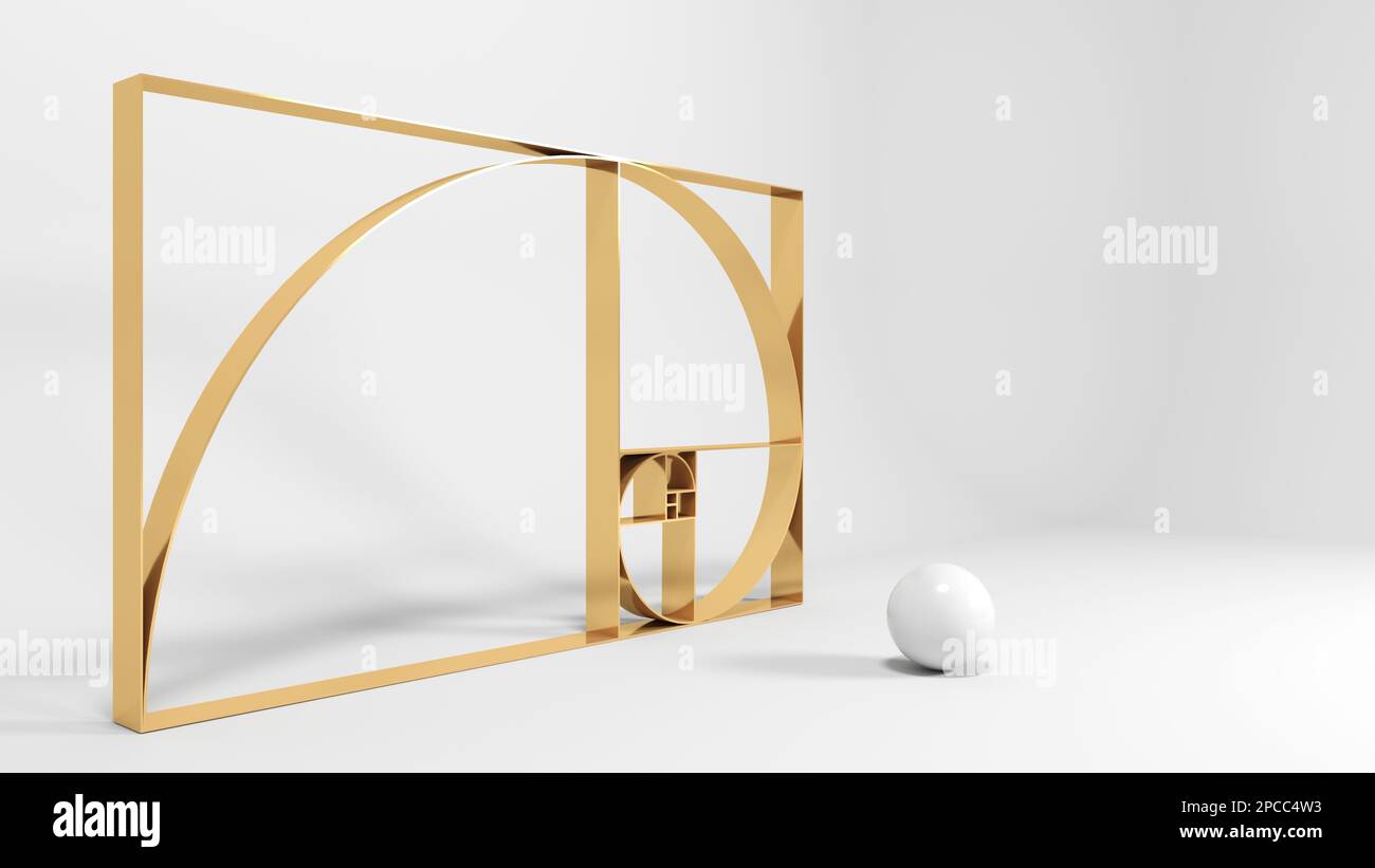 Installazione geometrica minima, schema del rapporto d'oro e sfera bianca, illustrazione del rendering 3D Foto Stock