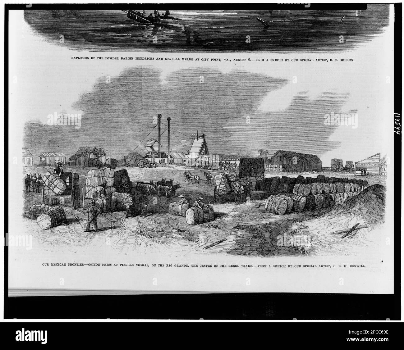 La nostra frontiera messicana - pressa cotone a Piedras Negras, sul Rio Grande, il centro del commercio ribelle / da un disegno del nostro artista speciale, C.E. Bonwill.. Illus. In: Frank Leslie's Illustrated Newspaper, 1864 settembre 3, pag. 372. Stati Uniti, Storia, Guerra civile, 1861-1865, aspetti economici e industriali, industria del cotone, Messico, Piedras Negras, 1860-1870. Foto Stock