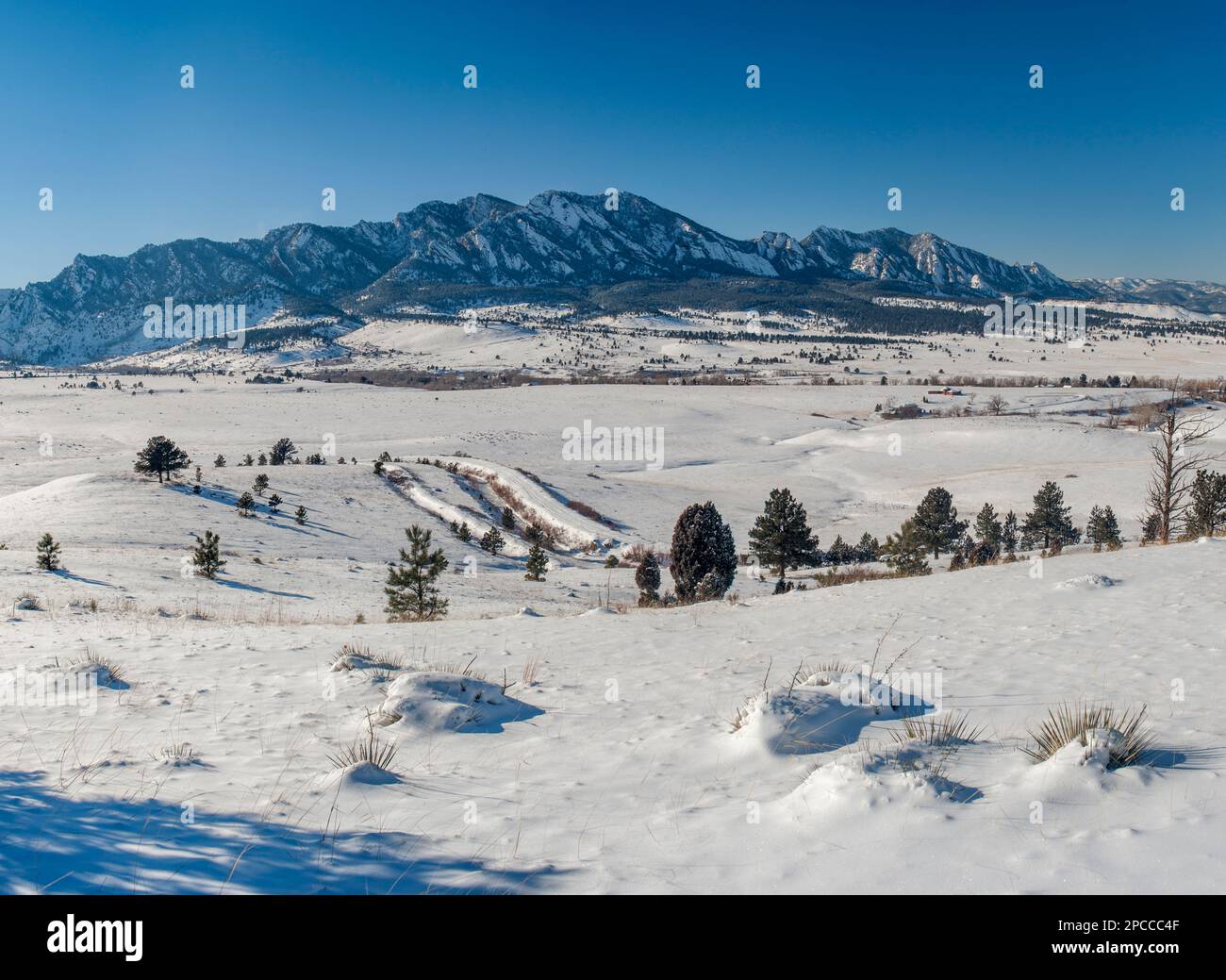I Flatirons, caratteristiche geologiche dietro Boulder, Colorado in inverno Foto Stock