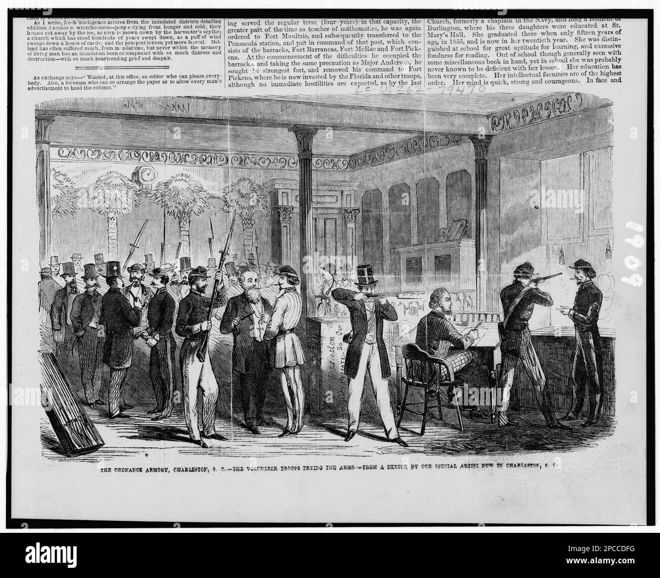 L'armeria ordnance, Charleston, South Carolina - le truppe volontarie che provano le armi / da un disegno del nostro artista speciale ora a Charleston, South Carolina. Illus. In: Frank Leslie's Illustrated Newspaper, 1861 febbraio 16, pag. 205. Arms & Arms, Confederate, South Carolina, Charleston, 1860-1870, Stati Uniti, Storia, Guerra civile, 1861-1865, apparecchiature e forniture, Confederato. Foto Stock