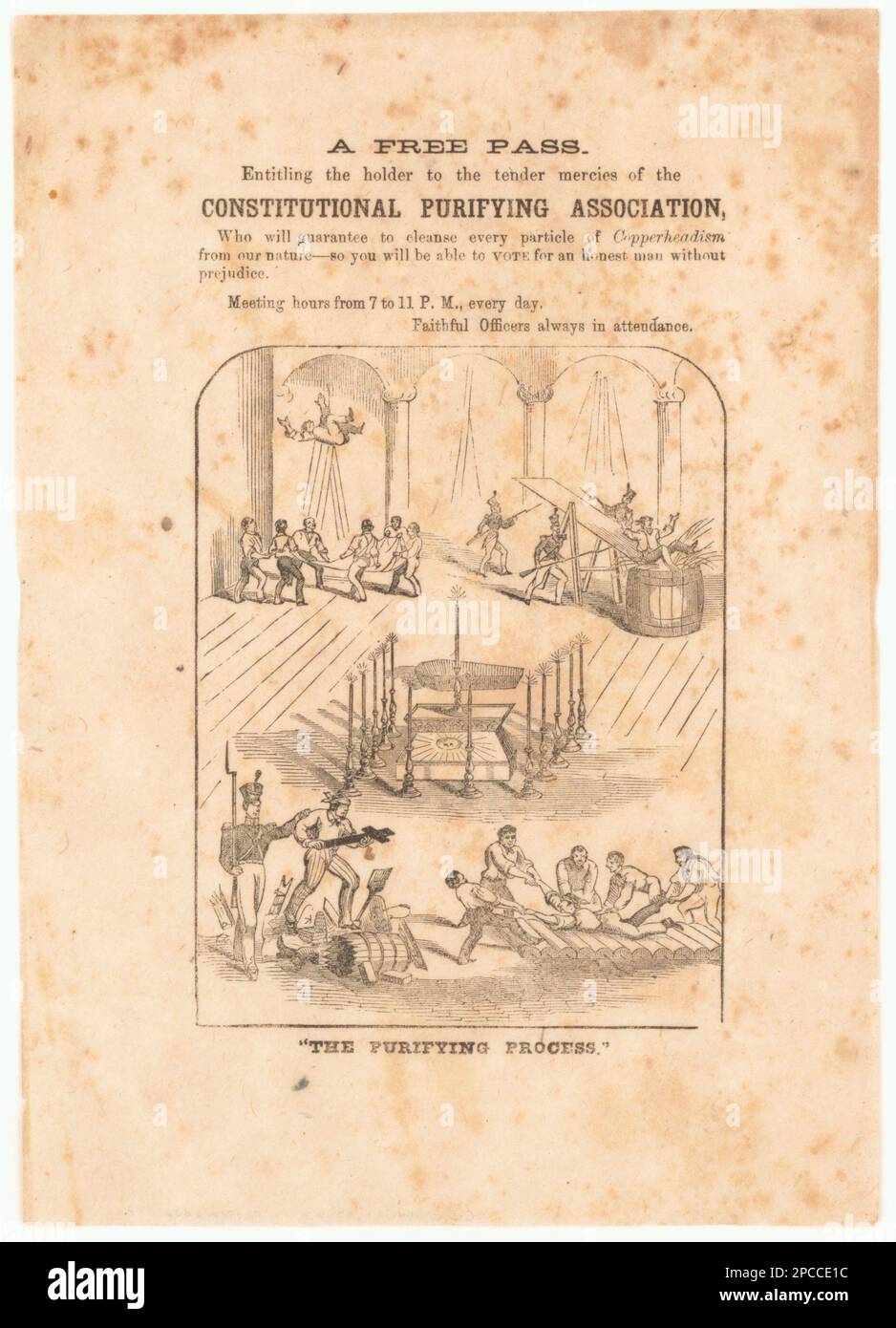 Un pass gratuito. Dare il diritto al titolare alle tenere misericordie dell'Associazione costituzionale di purificazione, che garantirà di purificare ogni particella di Copperheadismo dalla nostra natura - così potrete votare per un uomo onesto senza pregiudizi. Titolo trascritto dall'articolo, erroneamente assegnato LCCN: 2022631708, Acquisto; Seth Kaller, Inc.; 2022; (DLC/PP-2022:142), fornitore: Seth Kaller, Inc Movimento Copperhead, 1860-1870, elezioni presidenziali, 1860-1870, Stati Uniti, Storia, Guerra civile, 1861-1865, aspetti politici. Foto Stock