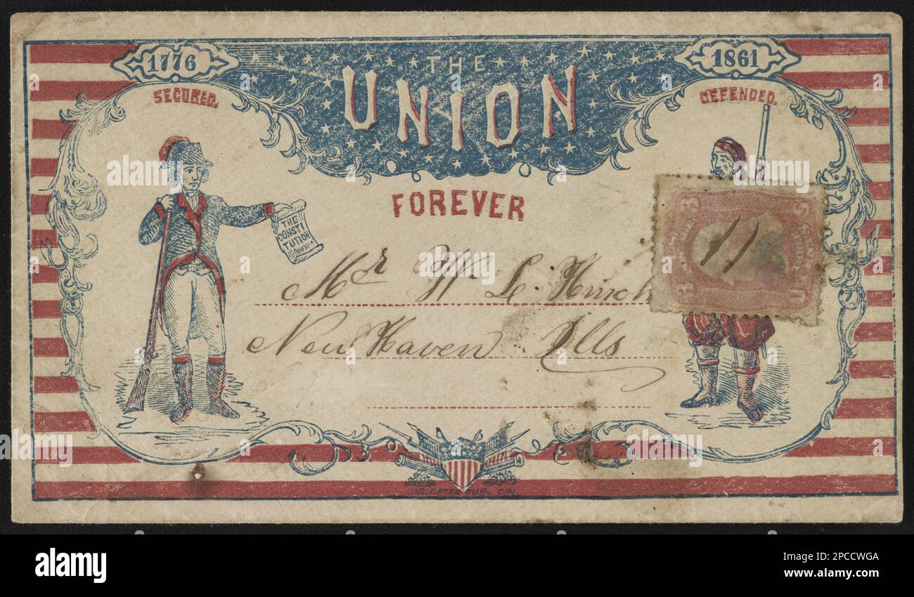 Busta della guerra civile che mostra Patriot 'protetto' che detiene la Costituzione e Zouave soldato etichettato 'difeso', con il messaggio 'l'Unione per sempre'. Titolo ideato dallo staff della Biblioteca, indirizzato al Sig. W. L. Halch, New Haven, ills.; reca il timbro del 3 cent, notazione sul verso: Ausee[?], 15th novembre 1861, Gift; Tom Liljenquist; 2012; (DLC/PP-2012:127), pp/liljmem. Zouaves, Union, 1860-1870, Stati Uniti, Storia, Rivoluzione, 1775-1783, personale militare, Stati Uniti, Storia, Guerra civile, 1861-1865, aspetti sociali. Foto Stock