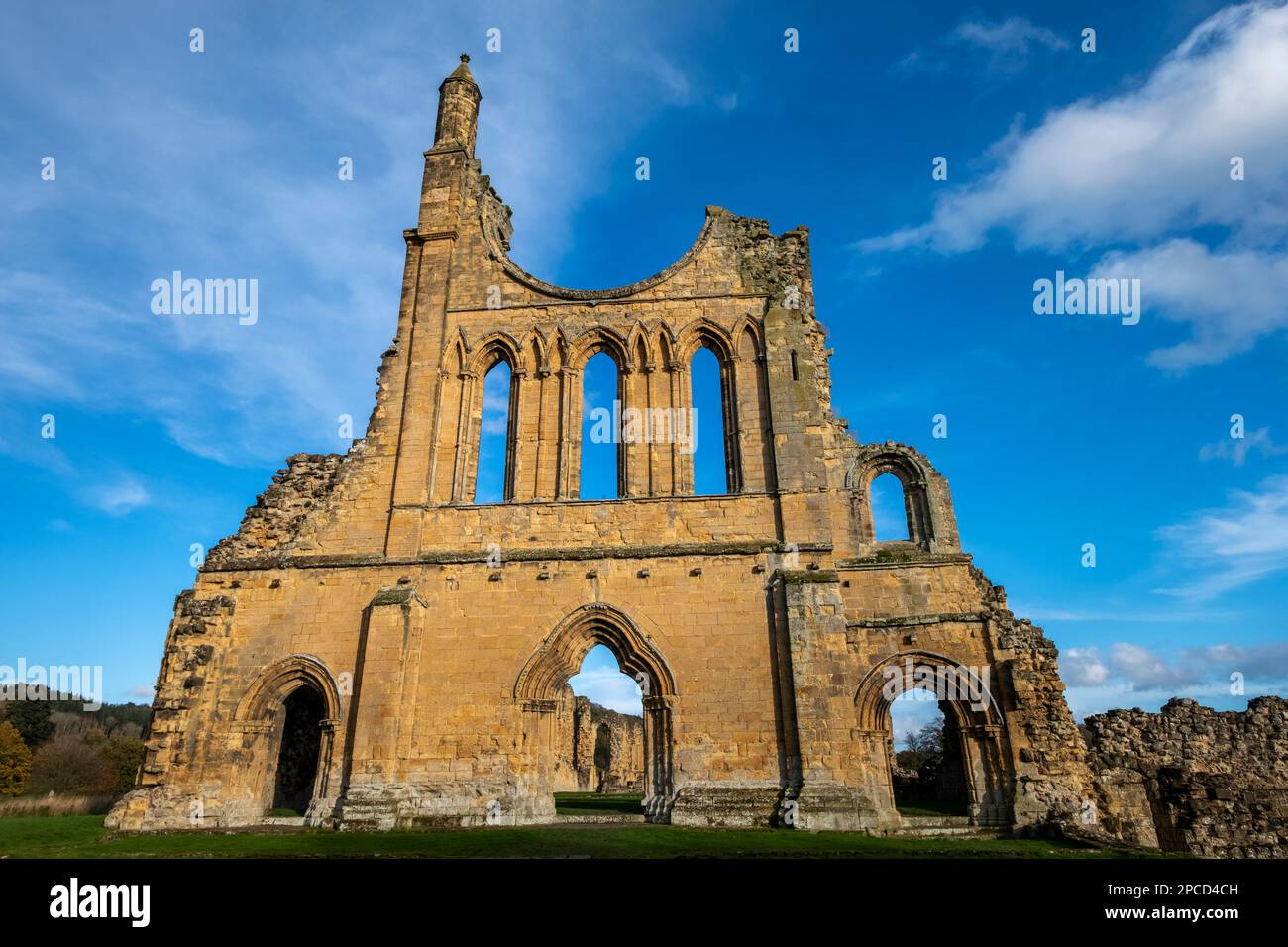English Heritage Byland Abbey nel North Yorkshire in una giornata di sole, fotografia dalla strada pubblica Foto Stock