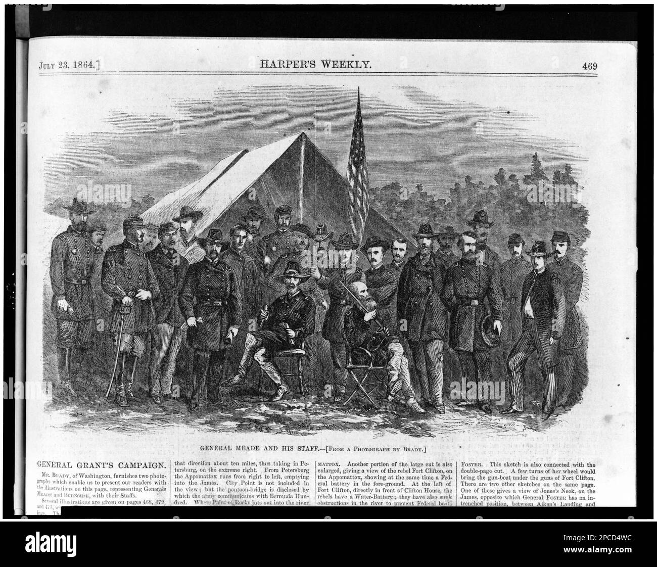 Generale Meade e il suo staff / da una fotografia di Brady.. Illus. In: Settimanale Harper, 1864 luglio 23, pag. 469. Meade, George Gordon, 1815-1872, Stati Uniti, Storia, Guerra civile, 1861-1865, personale militare, Unione, ufficiali militari, Raccordo, 1860-1870. Foto Stock