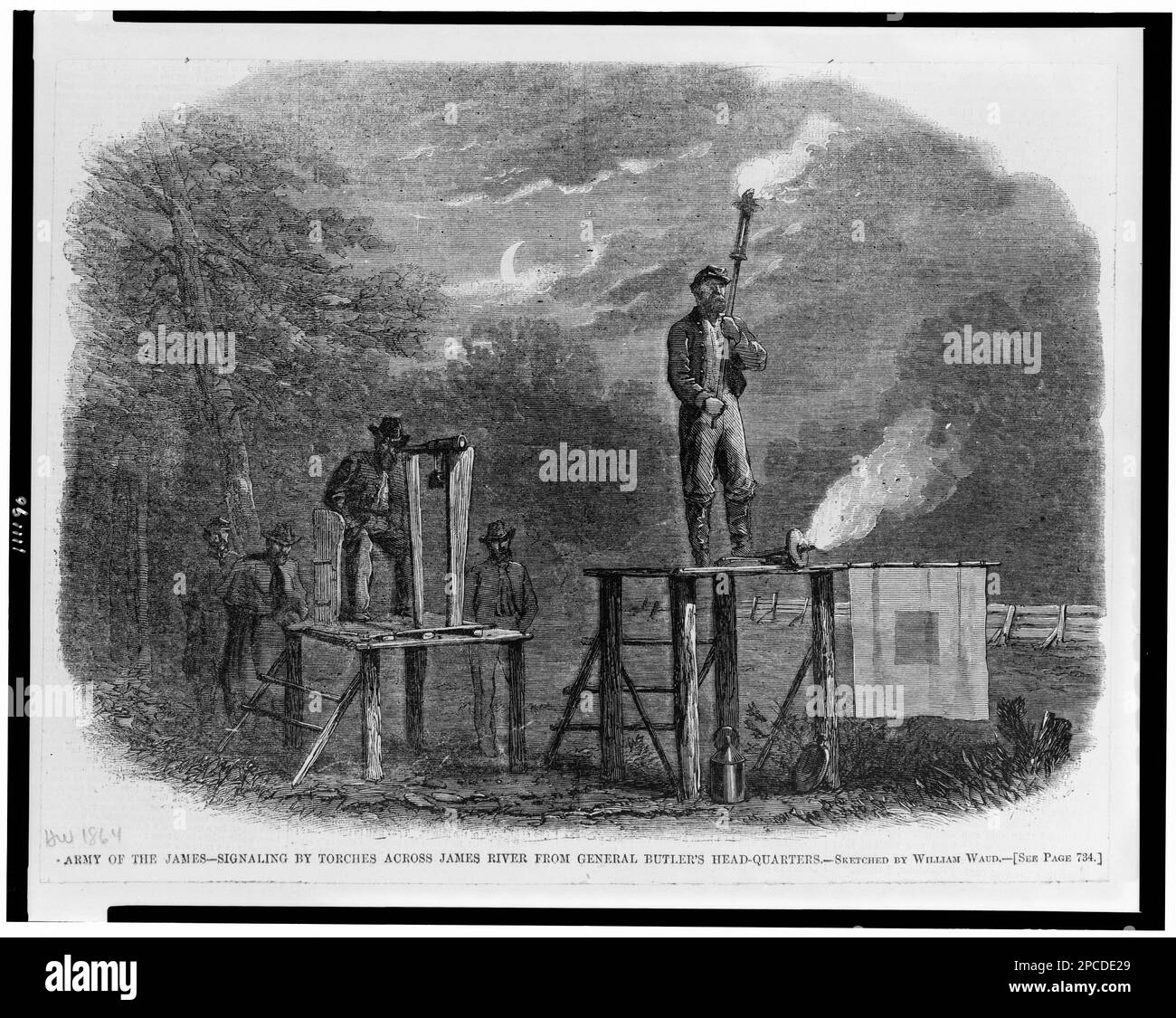 Army of the James - segnalazione da fiaccole lungo il fiume James dalla testa del generale Butler / abbozzato da William Waud.. Illustrazione da: Harper's Weekly, 1864. Stati Uniti, Storia, Guerra civile, 1861-1865, Comunicazioni, Stati Uniti, Storia, Guerra civile, 1861-1865, personale militare, Union, Signal Stations, Virginia, James River, 1860-1870. Foto Stock