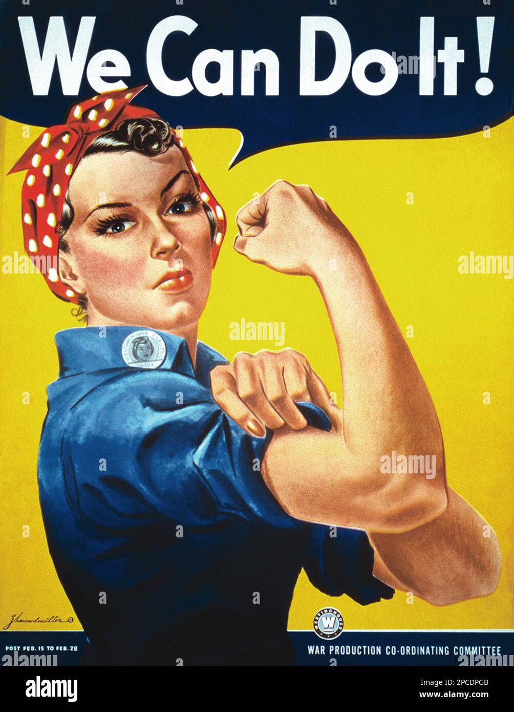 1942 ca , USA : il celebre manifesto della propaganda americana 'POSSIAMO FARLO!' ( Spesso erroneamente identificato come Rosie The Riveter ) dall'artista J. HOWARD MILLER for Westinghouse Company , War Production Coordinating Committee with a woman factory worker . È stato un poster molto popolare durante la seconda guerra mondiale, incoraggiando le donne a lavorare in fabbriche, o fare altre cose per aiutare e partecipare allo sforzo bellico. Anche se il 'possiamo farlo!' L'immagine è famosa oggi, durante la guerra era solo uno dei tanti della serie di Miller. Il poster in sé non era molto conosciuto sul fronte casa perché è stato mostrato solo a Westin Foto Stock