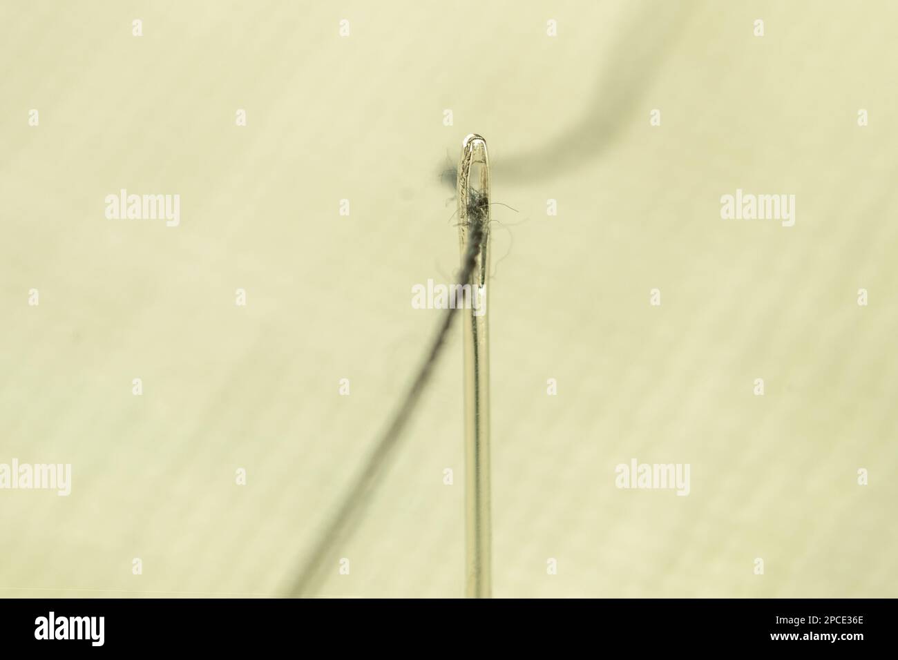 L'occhio di un ago con un filo vicino. Ago per cucire con filo penetrante. Utensile per cucire, ricamare Foto Stock