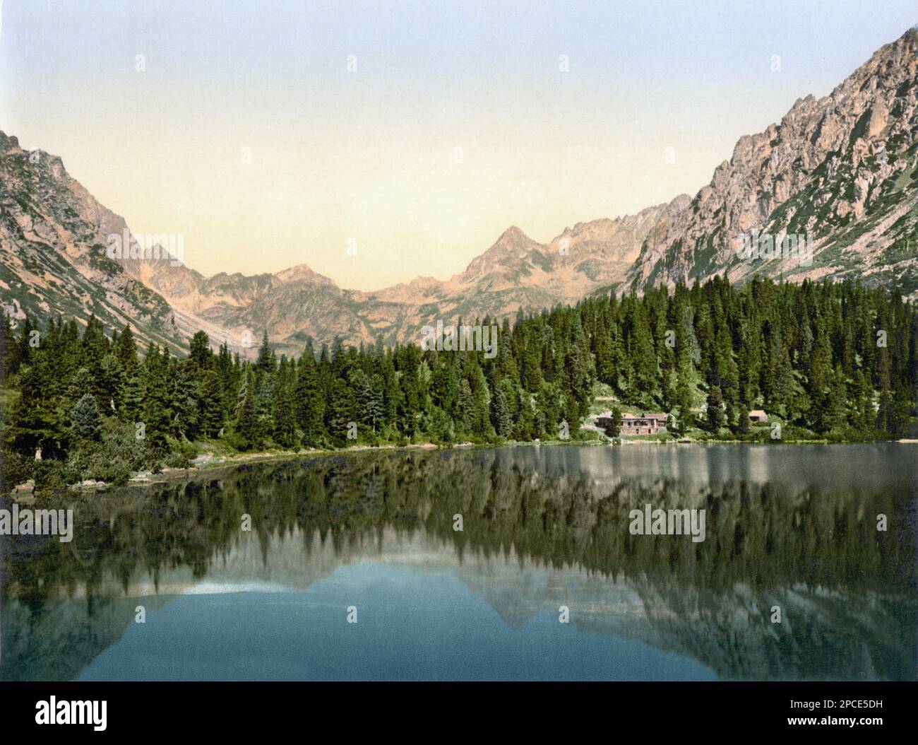 1895 ca : The POPPER SEE , TATRA , Austro-Ungheria . Photochrome , USA . Il Parco Nazionale di Tatra, situato nel sud della Polonia (regione di Malopolska), al confine con la Repubblica Slovacca, fu fondato nel 1954, ma la necessità di proteggere i monti Tatra fu vista già alla fine del 19th ° secolo. - FOTO STORICHE - FOTO STORICHE - lago - Alpi - montagna - montagna - montagna - GEOGRAFIA - GEOGRAFIA - pini - pini - conifere - VECCHIA EUROPA - VECCHIA EUROPA - Tatrasee - POLONIA - POLONIA - Polonia - SLOVACHIA - Slovenko --- Archivio GBB Foto Stock