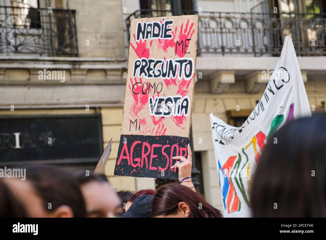 Buenos Aires, Argentina; 8 marzo 2023: Sciopero femminista internazionale, una donna irriconoscibile tiene in mano un segno con il testo Nessuno mi ha chiesto che cosa il mio A. Foto Stock
