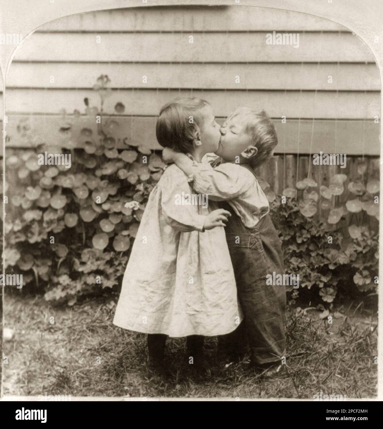1898 , USA : 'lei ha il centesimo, ha il bacio'. Due bambini piccoli baciano . Cartolina fotografica Stereograph di M.H. Zahner, Cascate del Niagara, N.Y. - KISS - BACIO - SENTIMENTALE - SENSIBILE - ROMANTICO - ROMANTICO - FOTO STORICHE - FOTO STORICHE - - - BAMBINO - BAMBINA - BAMBINA - BAMBINA - BAMBINO - BAMBINA - BAMBINO - BAMBINA - BAMBINO - BAMBINO - BAMBINO - INFANZIA - INFANZIA - OTTOCENTO - 800'S - '800 - MODA - MODA - JEANS - giardino - giardino - RITRATTO - ritratto ----- Archivio GBB Foto Stock